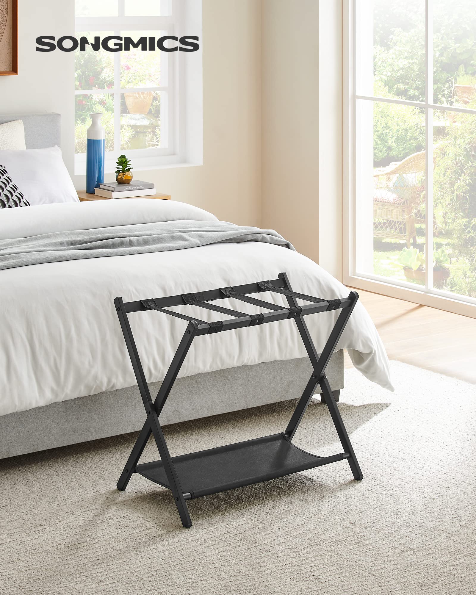 SONGMICS luggage rack close-up of steel frame demonstrating strong load support