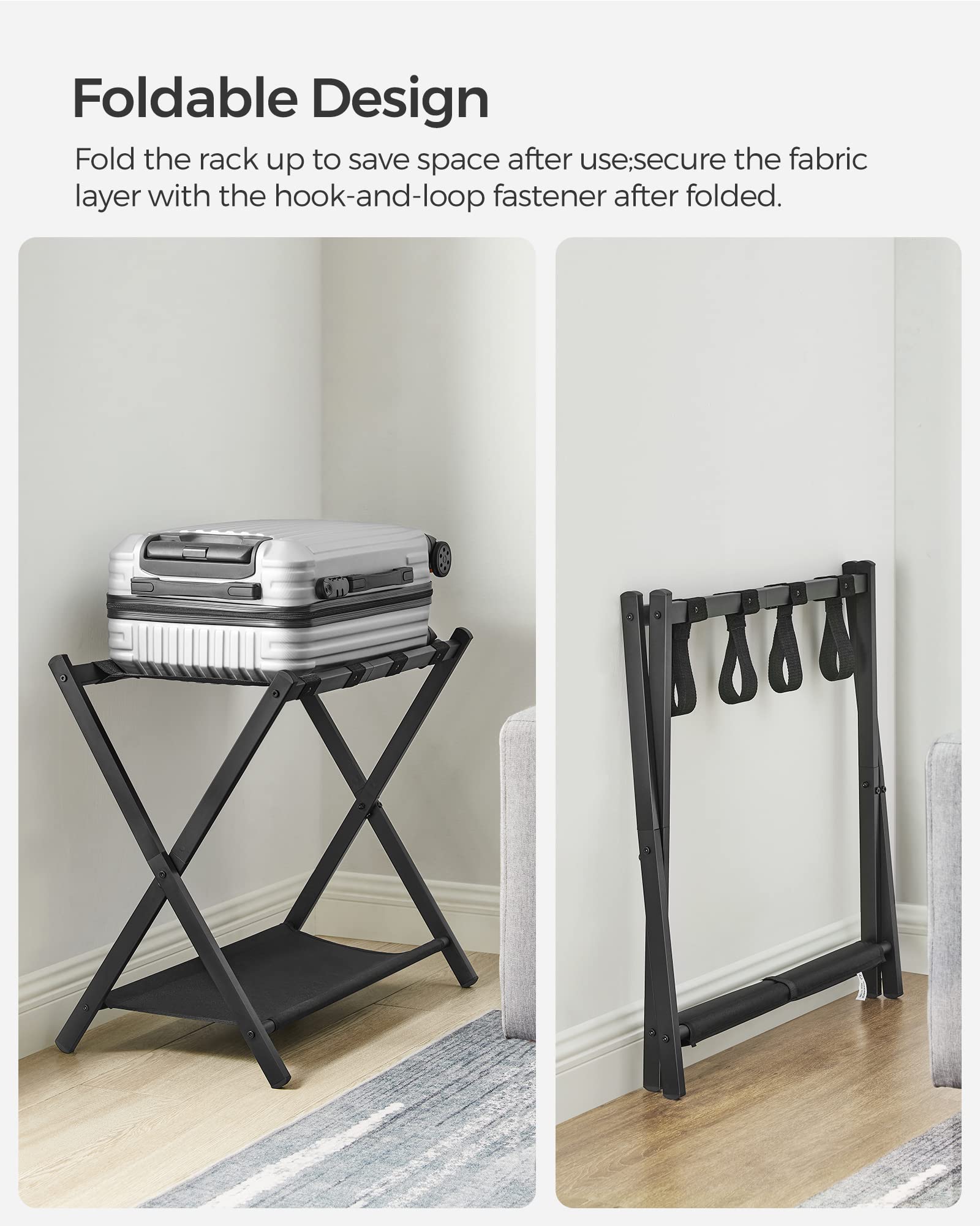 SONGMICS luggage rack folded flat to show compact storage advantage