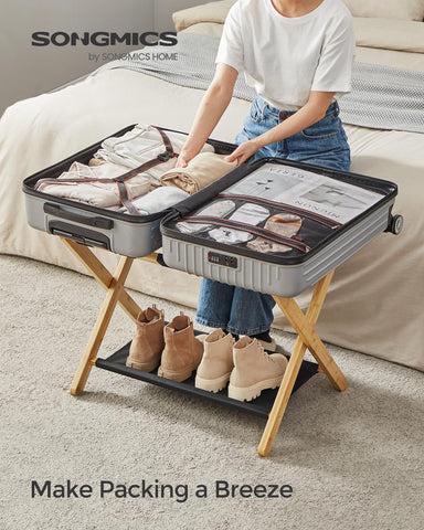 SONGMICS luggage rack folded profile for compact storage and easy closet tucking