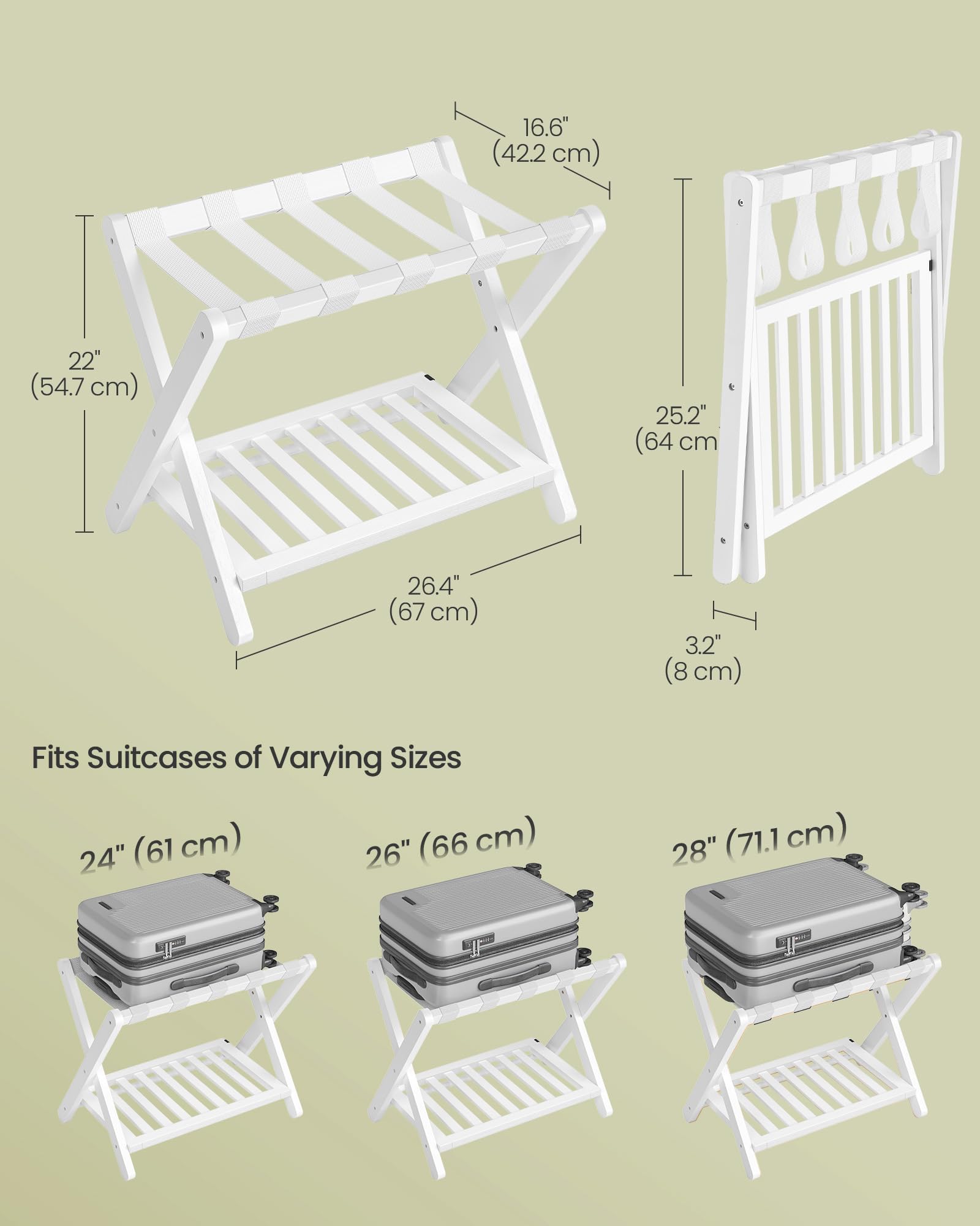 SONGMICS luggage rack in use with a large suitcase demonstrating 150 lb support