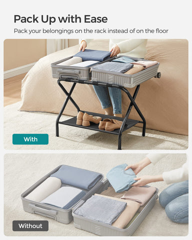 SONGMICS luggage rack in use holding a suitcase for convenient waist-height packing