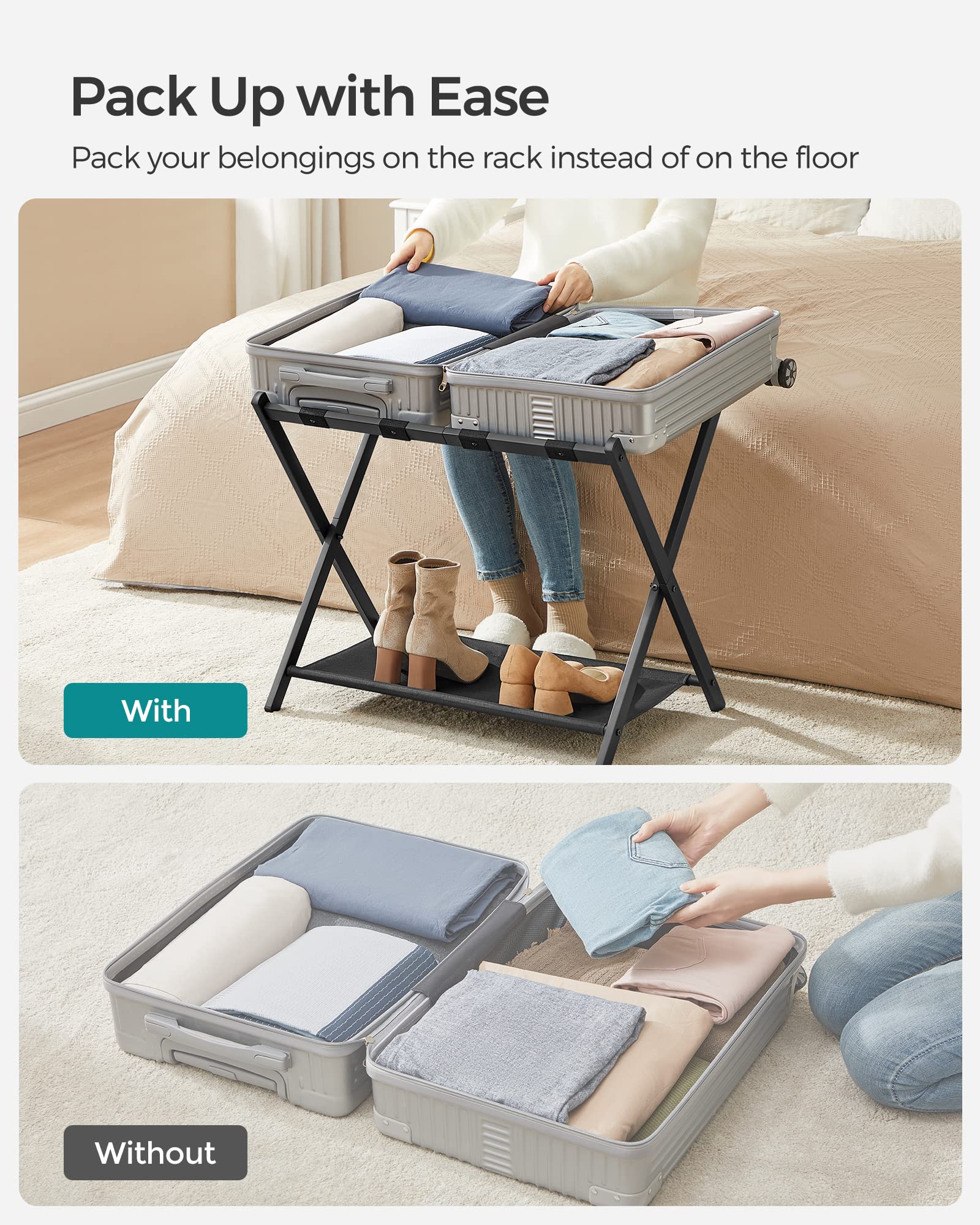 SONGMICS luggage rack in bedroom setup offering hotel-style convenience benefit