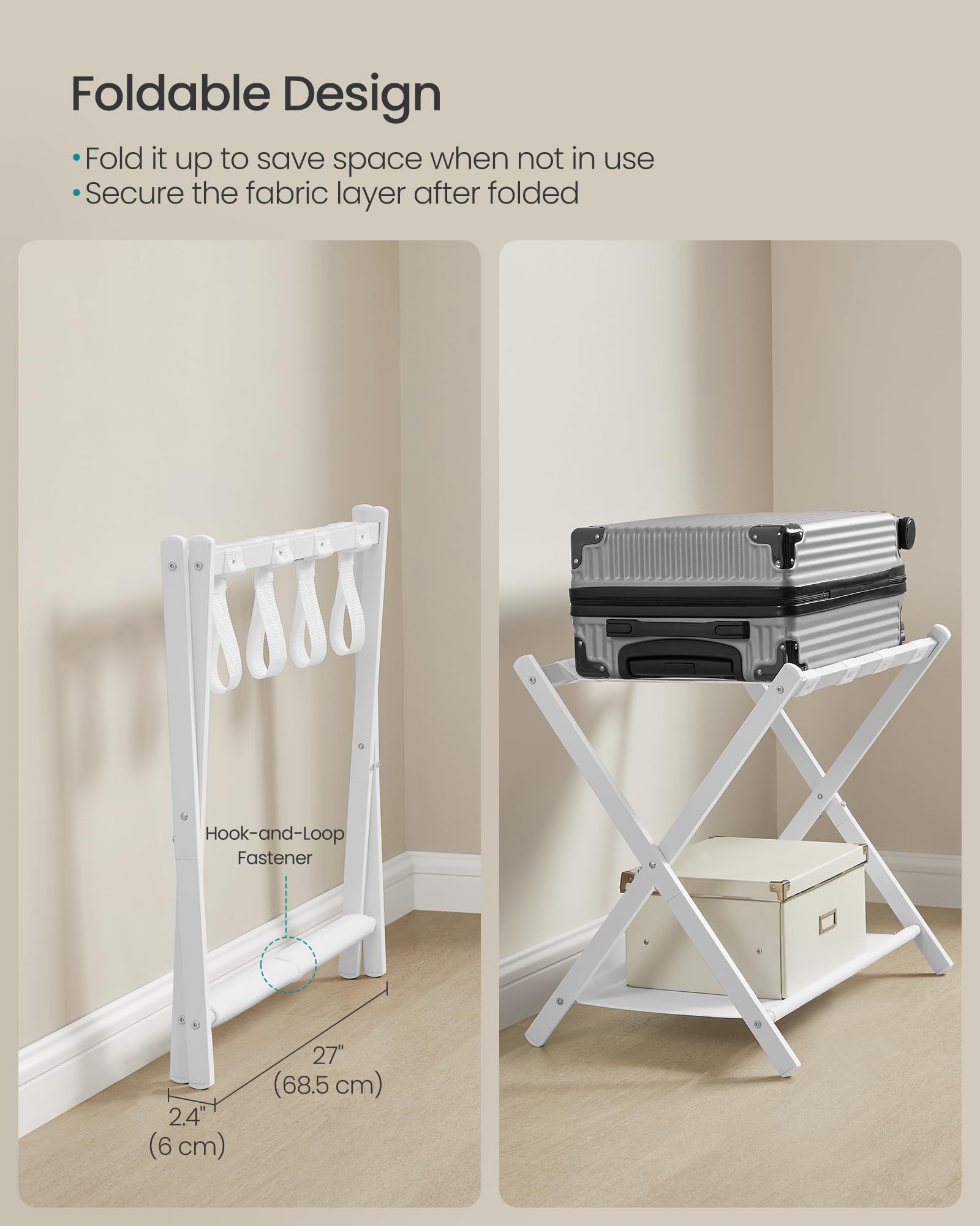 SONGMICS luggage rack in a bedroom offering tidy, guest-ready storage