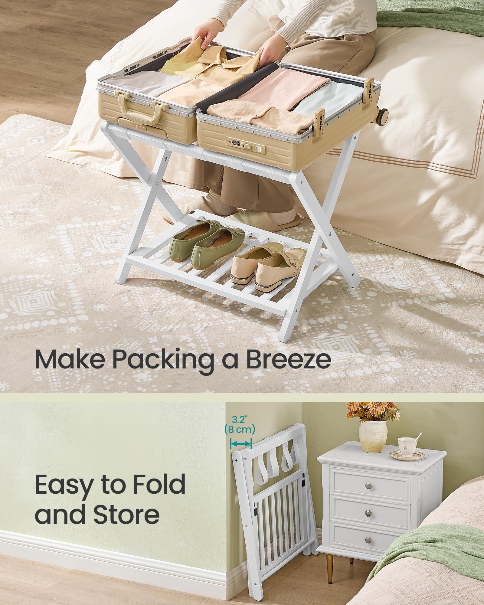 SONGMICS luggage rack in a guest room setting adding tidy, hotel-style convenience