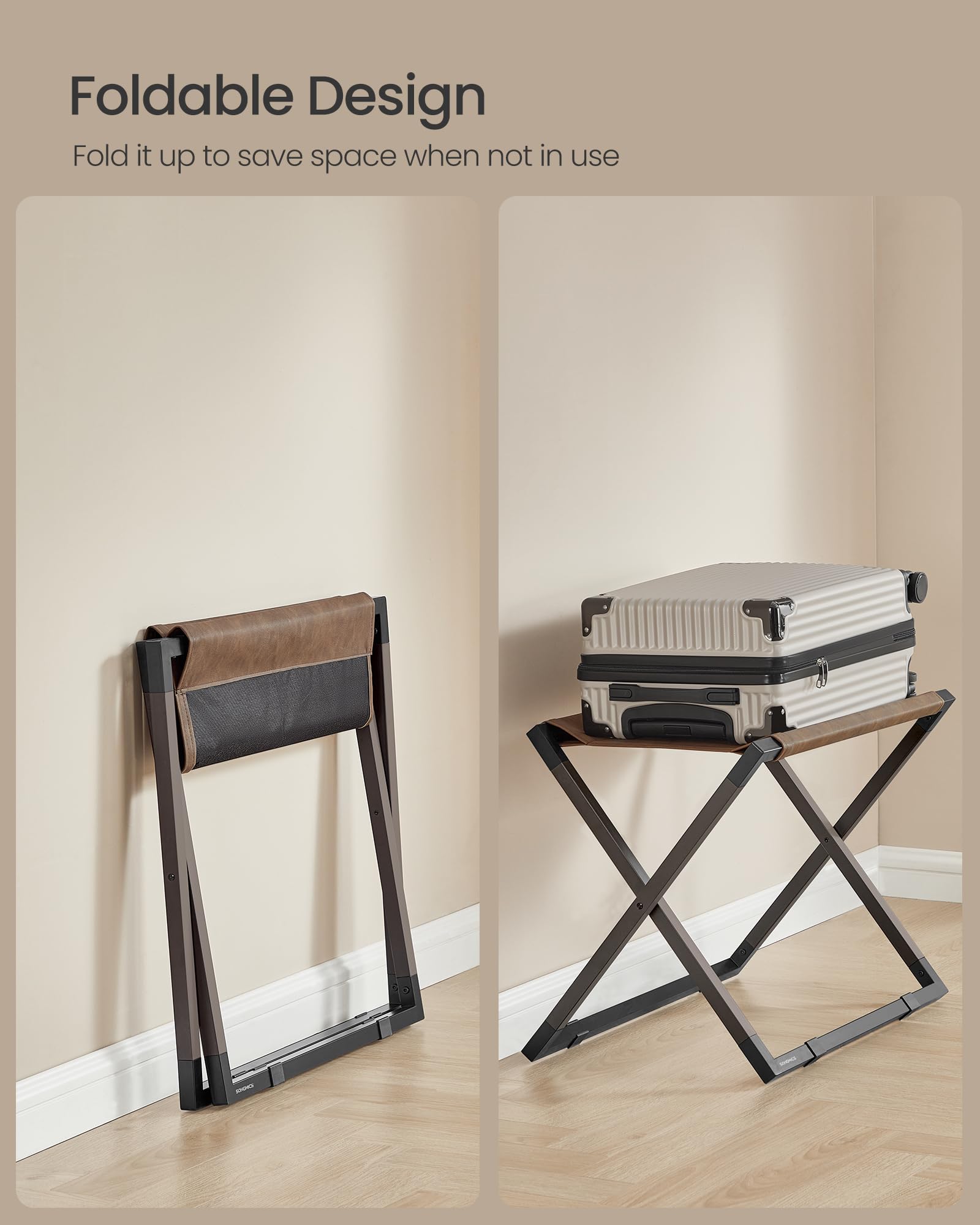 SONGMICS luggage rack in a guestroom enhancing room organization and style