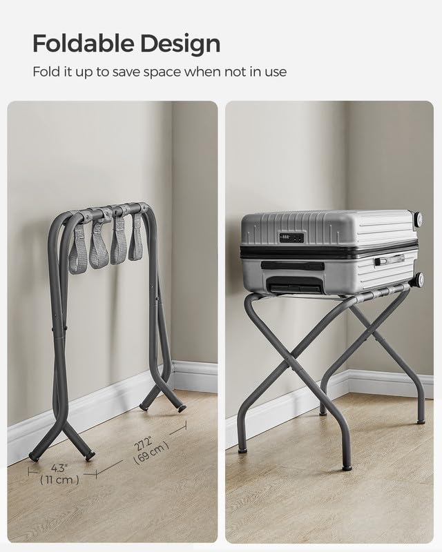 SONGMICS racks placed in a guestroom showing slate gray finish benefit: tidy presentation