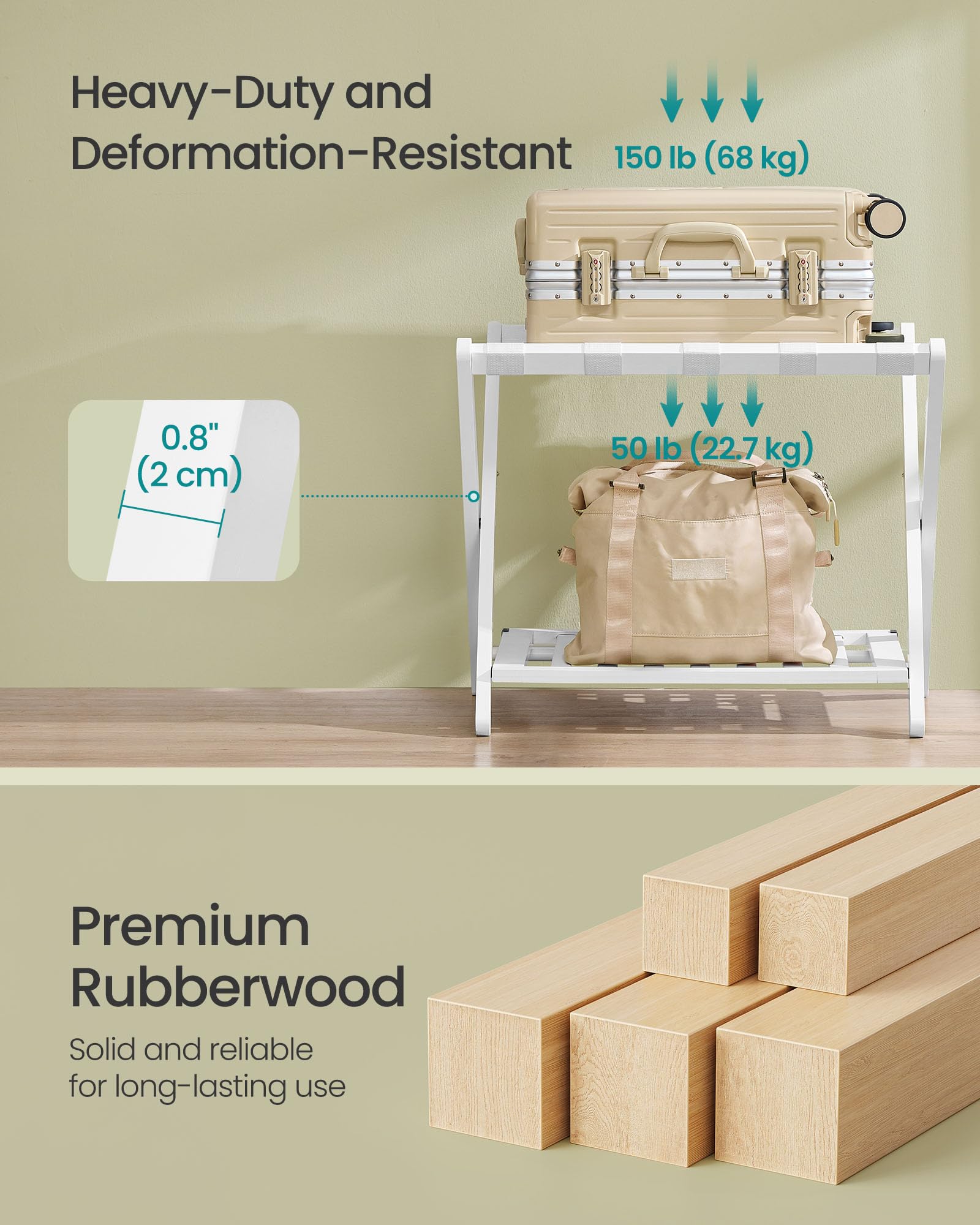 SONGMICS luggage rack rubberwood closeup showing grain and durable finish