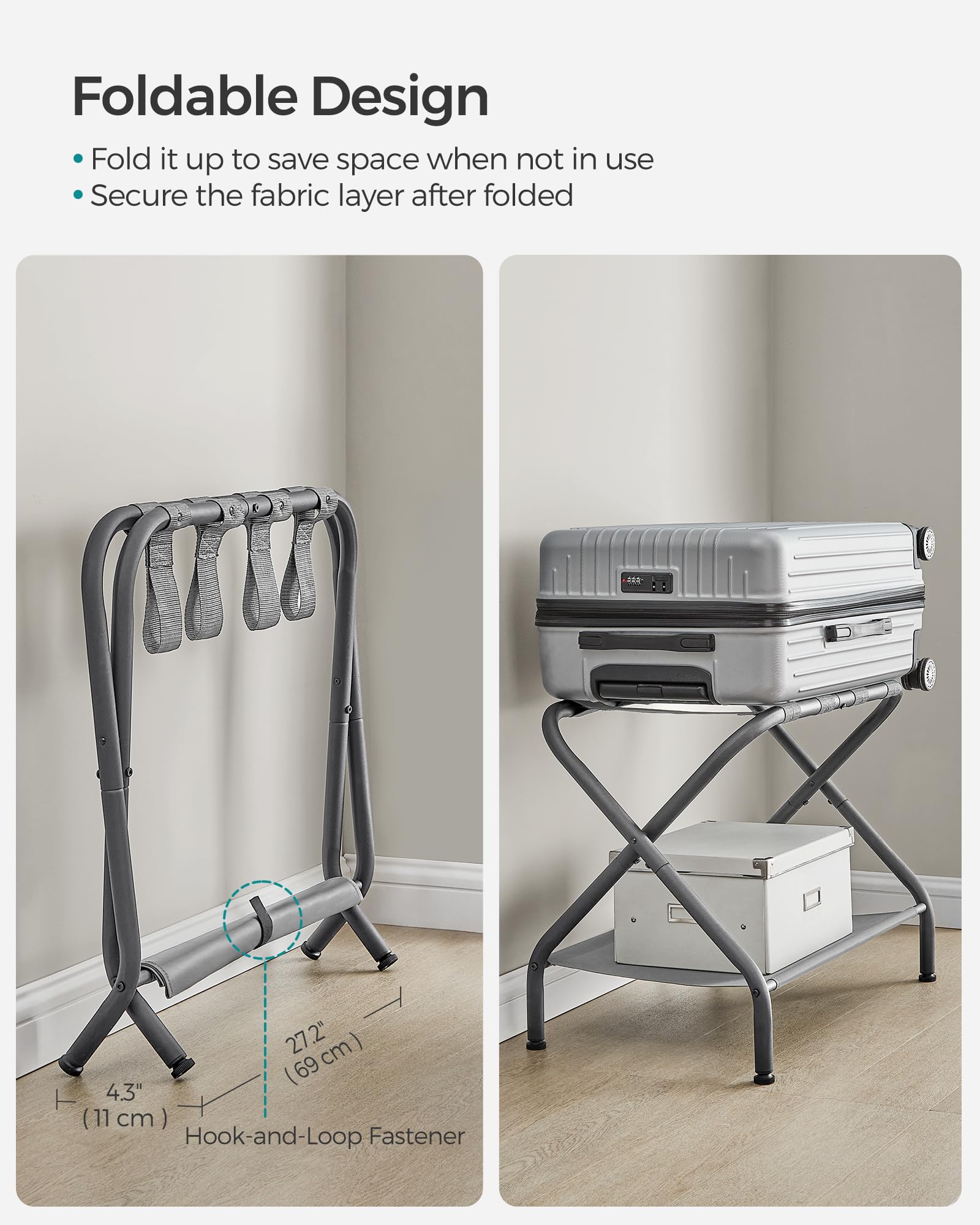 SONGMICS size comparison next to chair showing rack footprint and scale