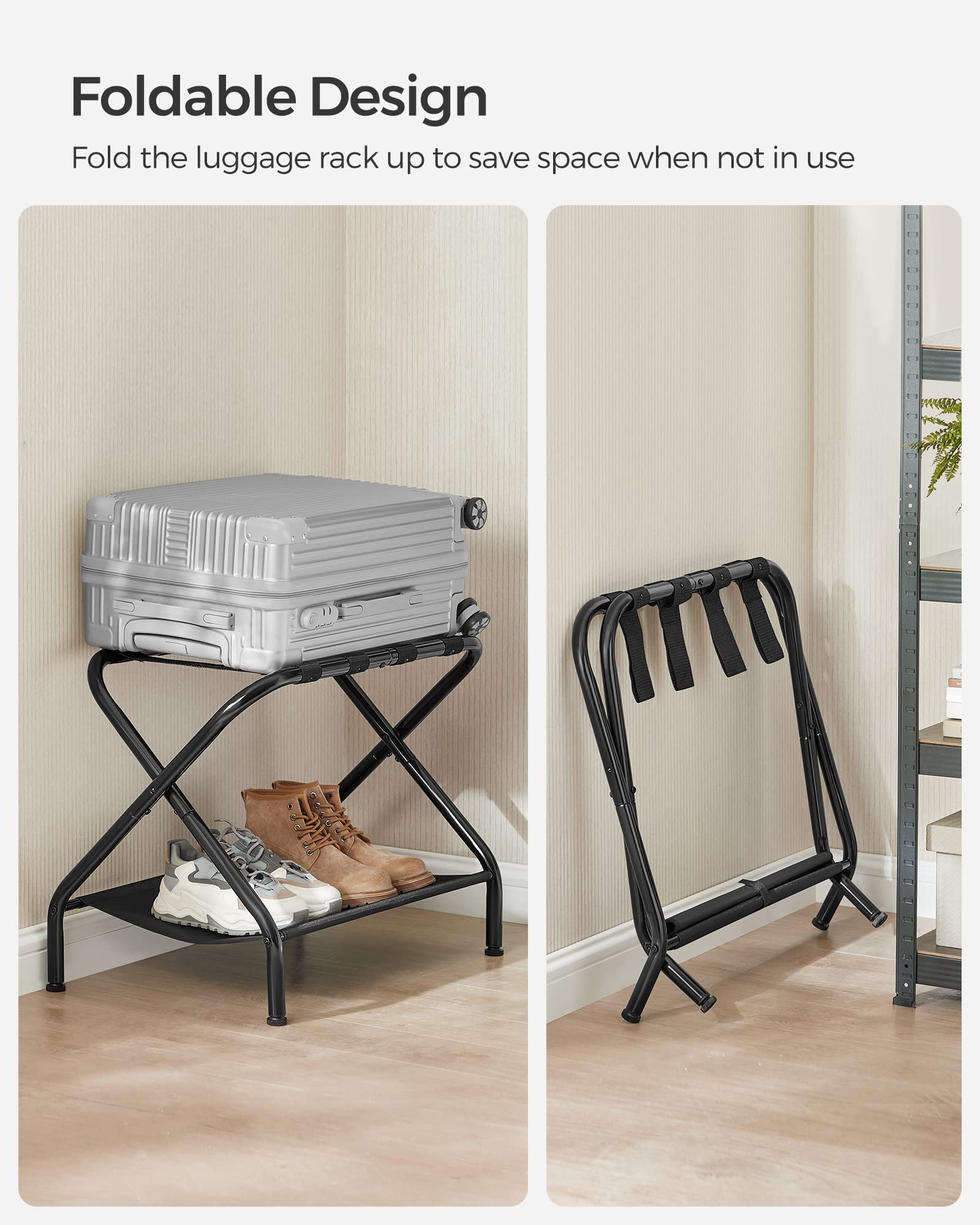 SONGMICS rack next to suitcase illustrating size compatibility with standard luggage