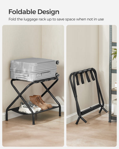 SONGMICS rack next to suitcase illustrating size compatibility with standard luggage