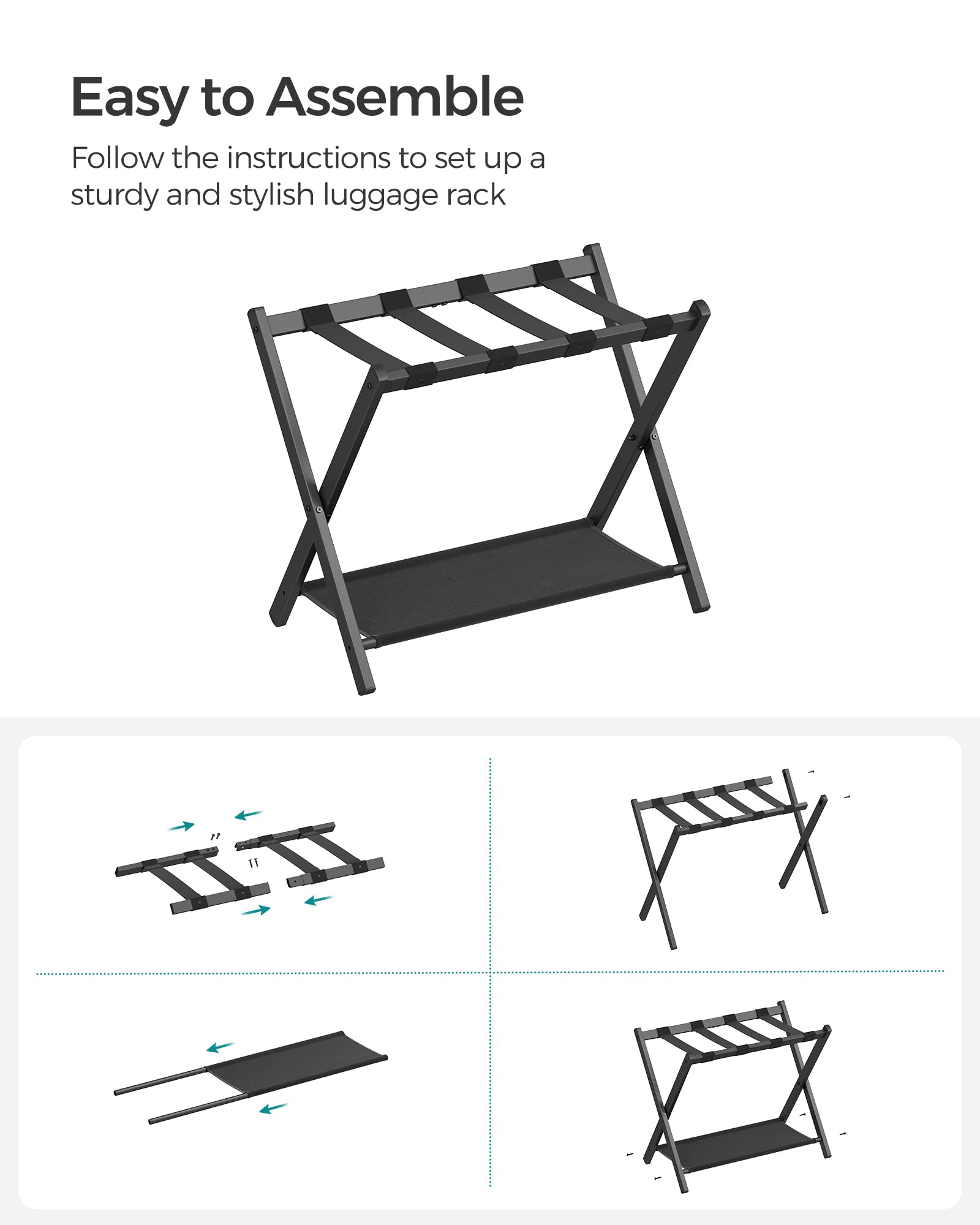 SONGMICS luggage rack beside suitcase demonstrating fit for common sizes