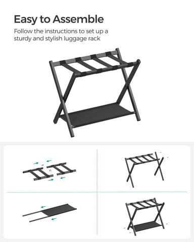 SONGMICS luggage rack beside suitcase demonstrating fit for common sizes