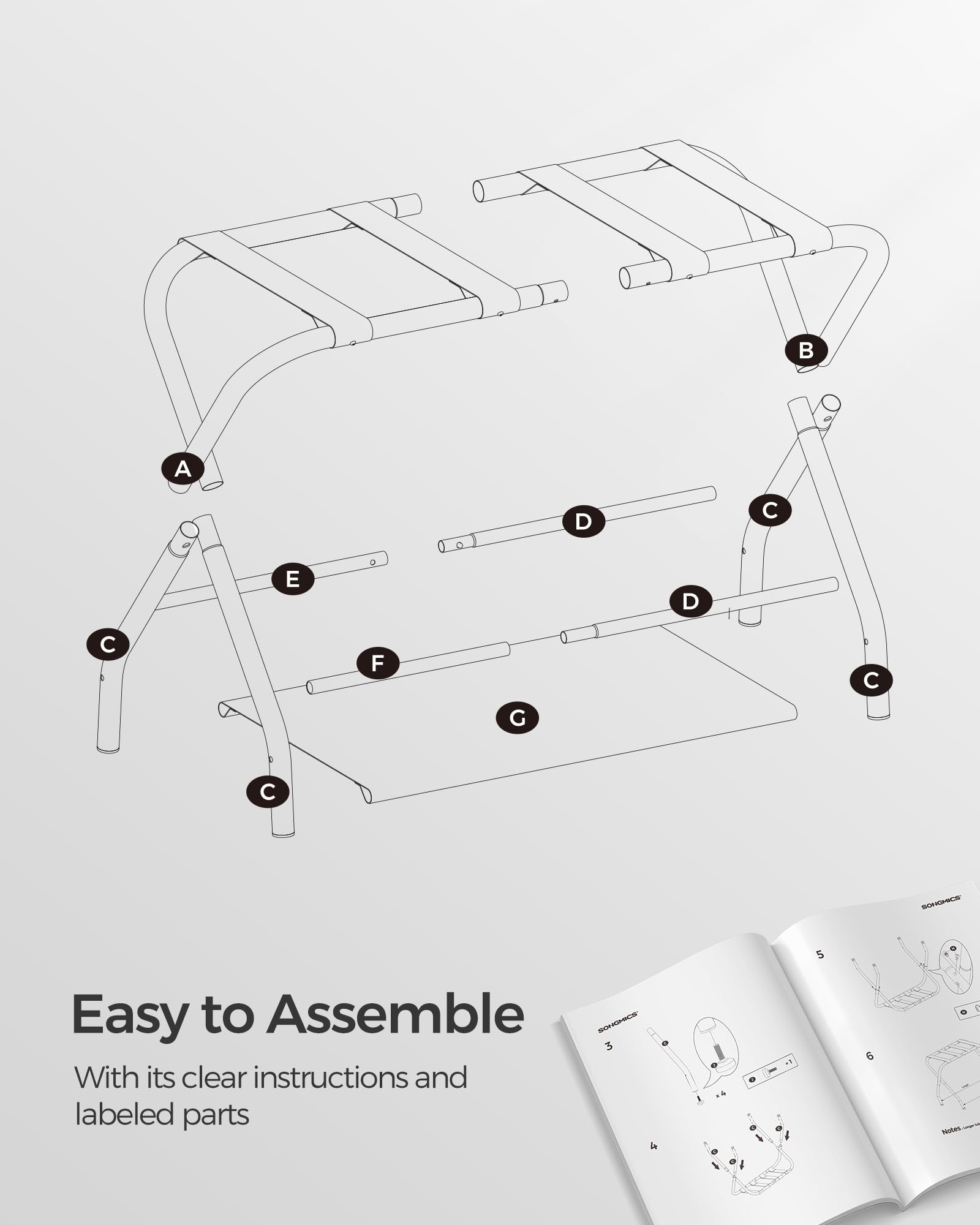 SONGMICS detail of nylon straps and steel frame for secure suitcase support