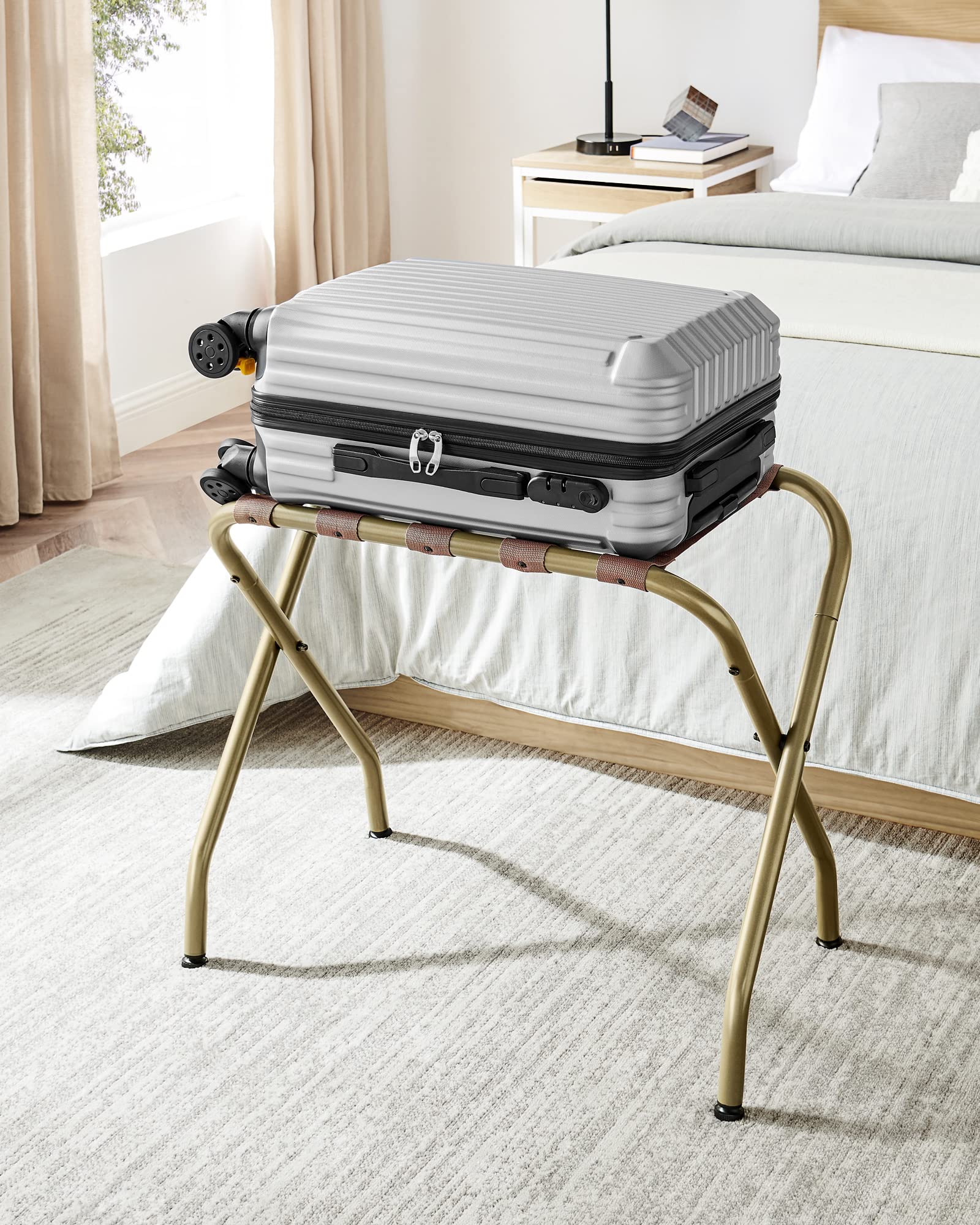 SONGMICS luggage rack pack of two stacked demonstrating extra guest capacity