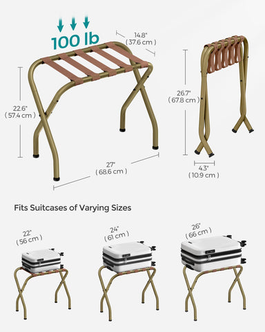 SONGMICS luggage rack holding a suitcase in bedroom offering easy packing access