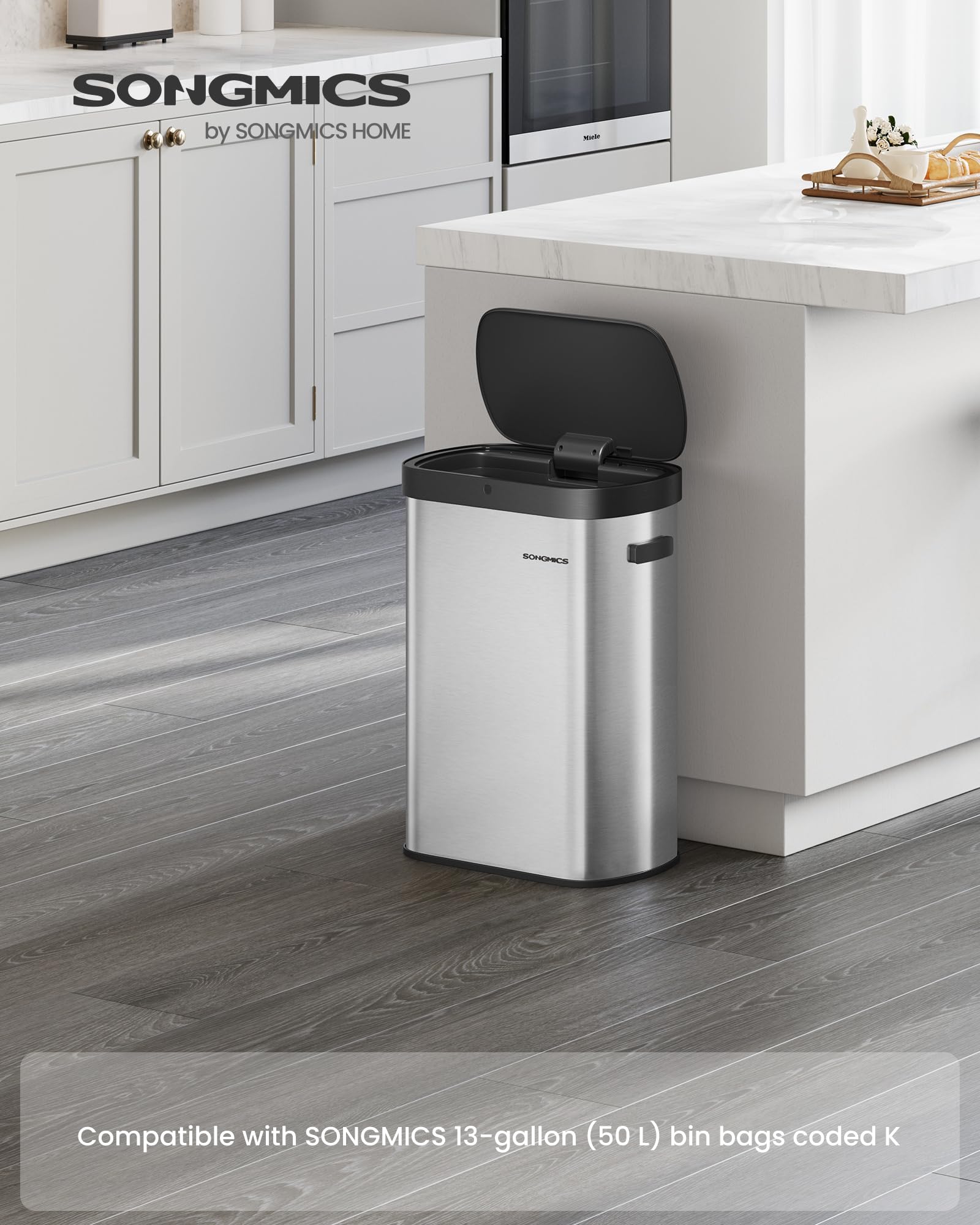 SONGMICS sensor triggered open lid demonstrating hands free convenience