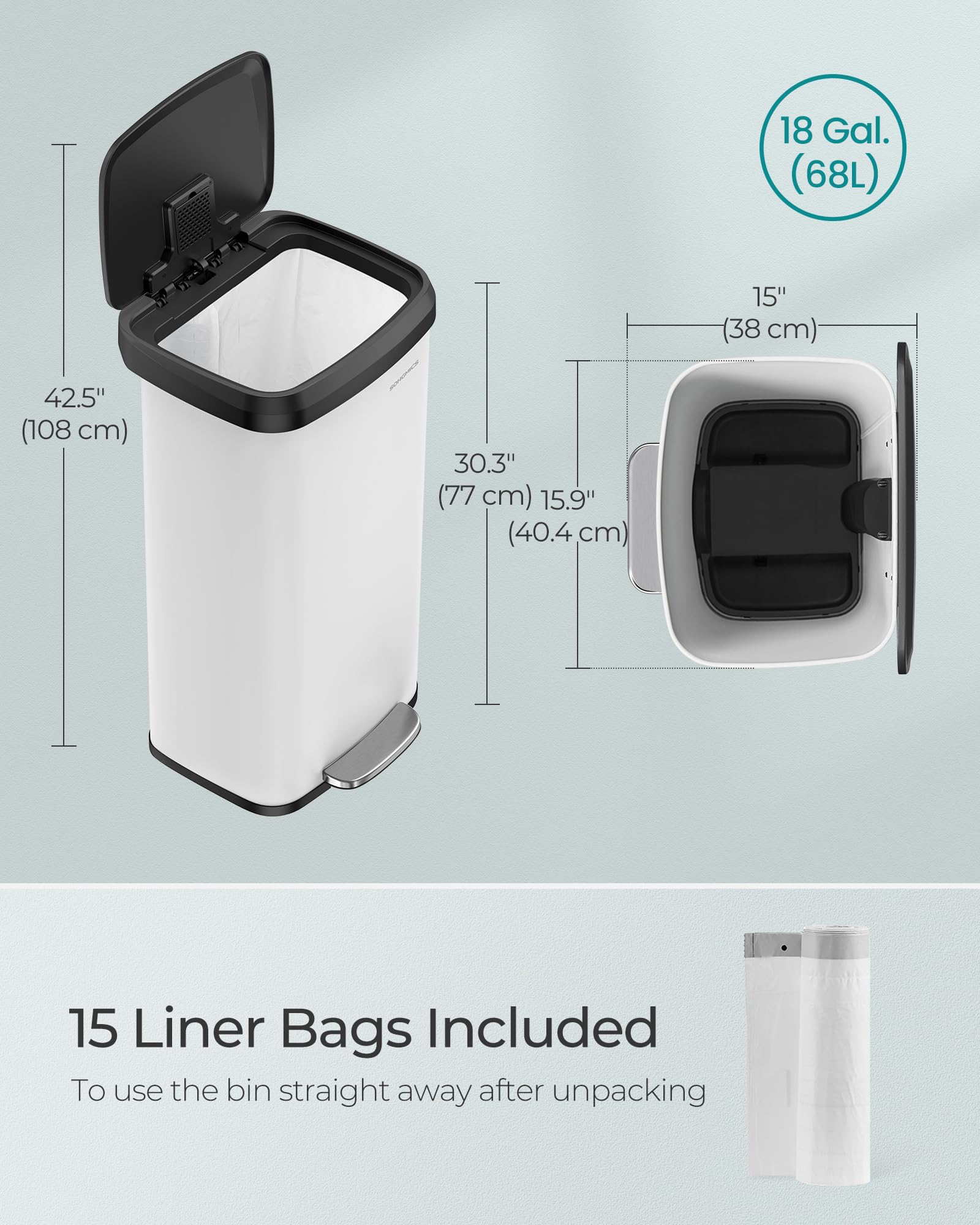 SONGMICS lid open showing stay-open feature for hands-free cleanup
