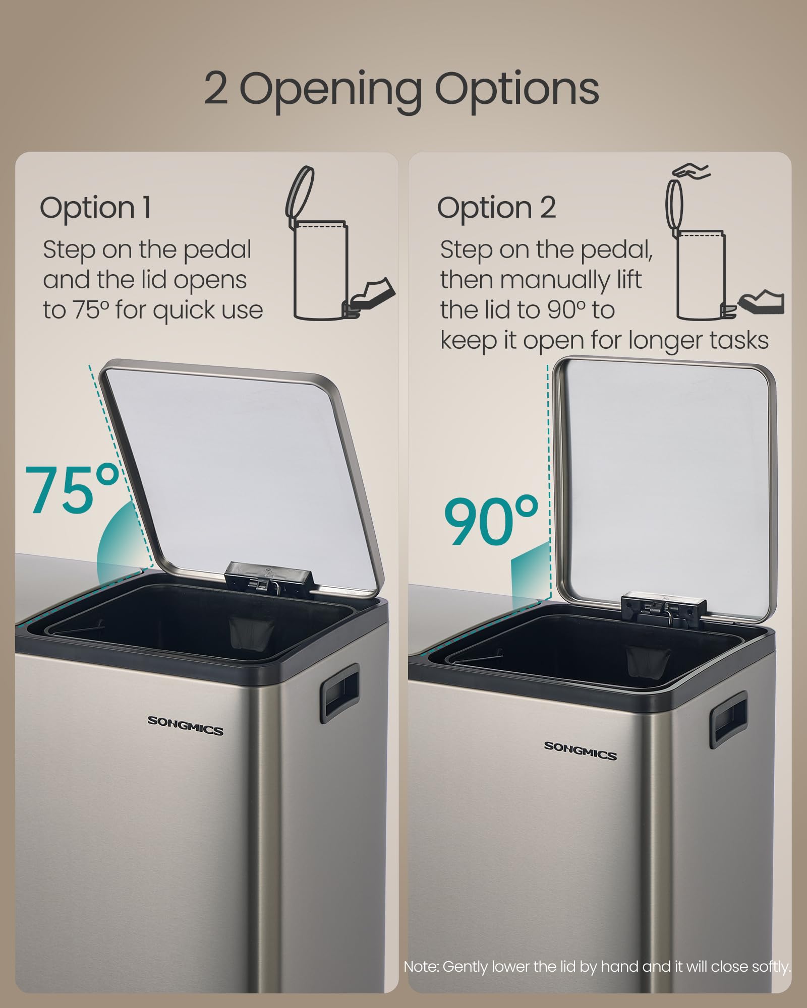 SONGMICS reinforced metal pedal and lid mechanism showing durable hands-free operation