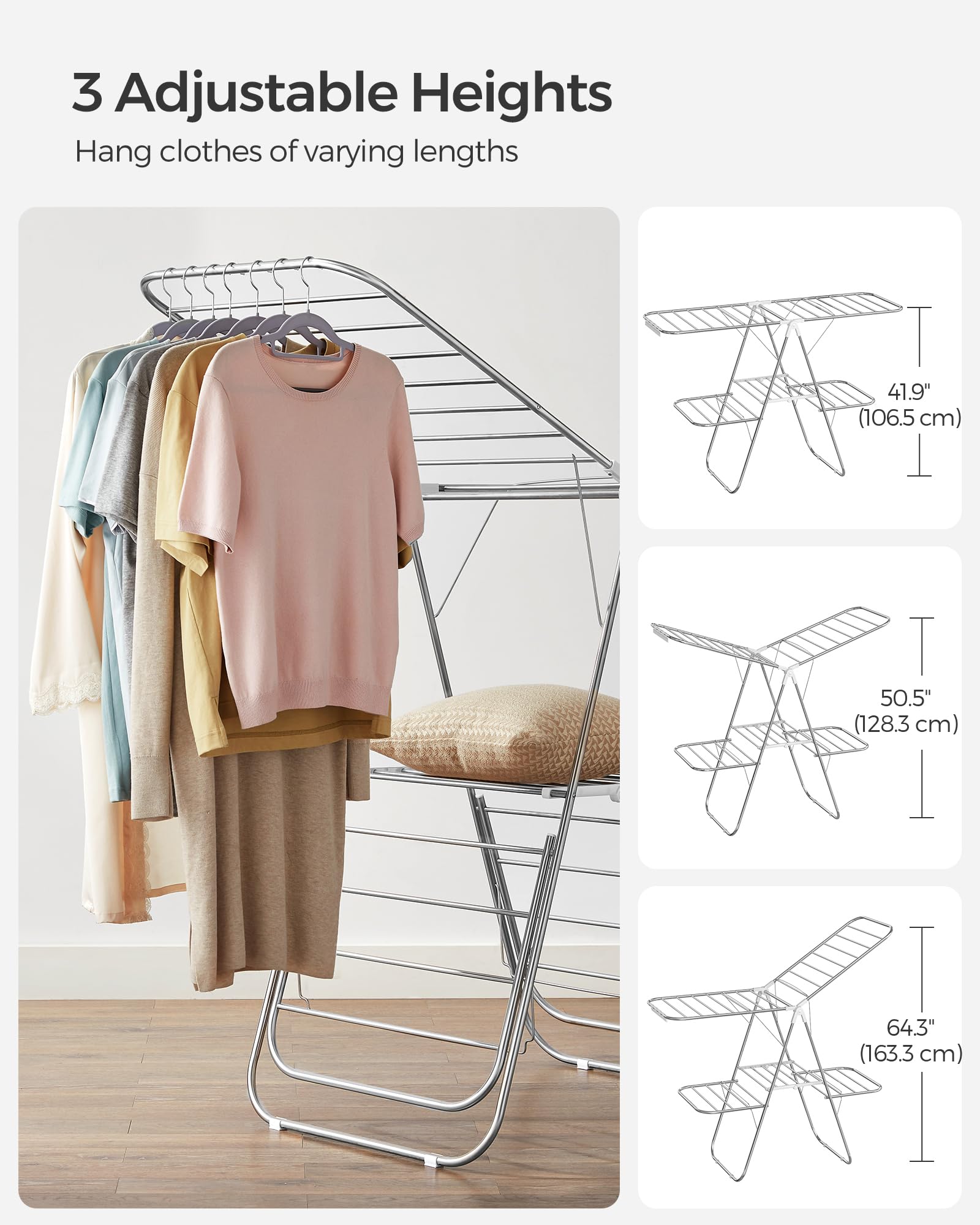 SONGMICS rack loaded with towels and shirts speeds air-drying effectively