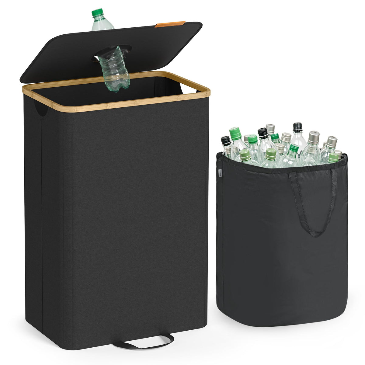 SONGMICS front view of recycling bin showing sleek fabric and bamboo lid, tidy recycling
