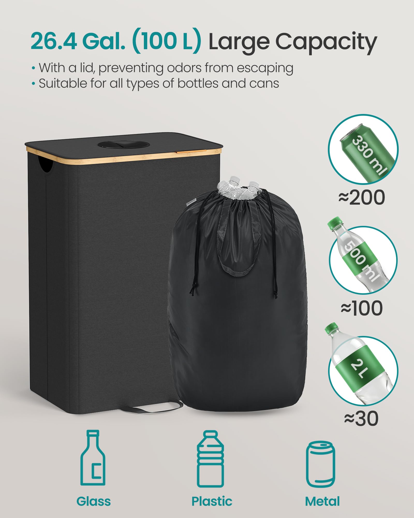 SONGMICS inner bag detail with handles and drawstring, easy lifting and washing benefit
