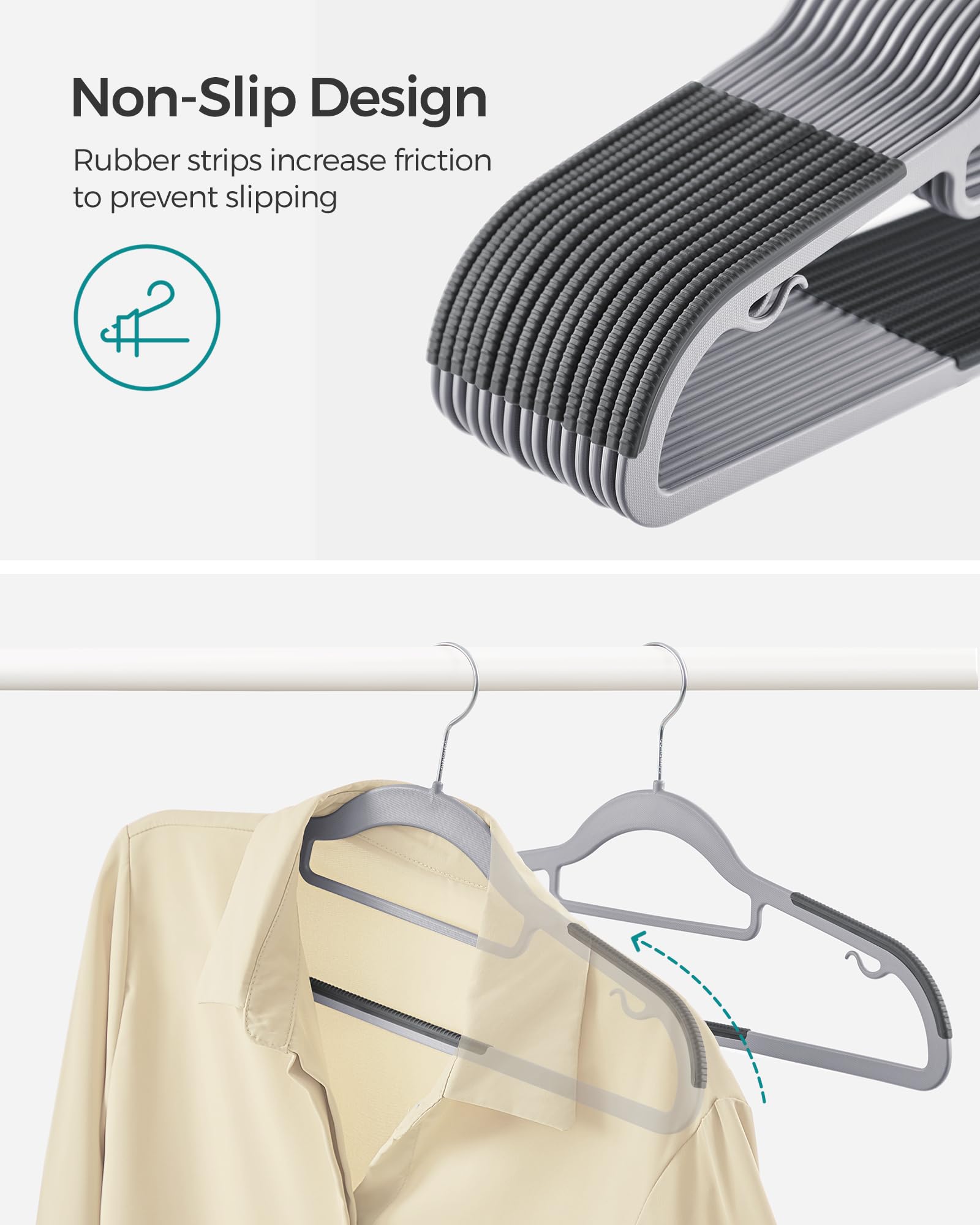 SONGMICS close-up of non-slip rubber strip preventing garment slipping