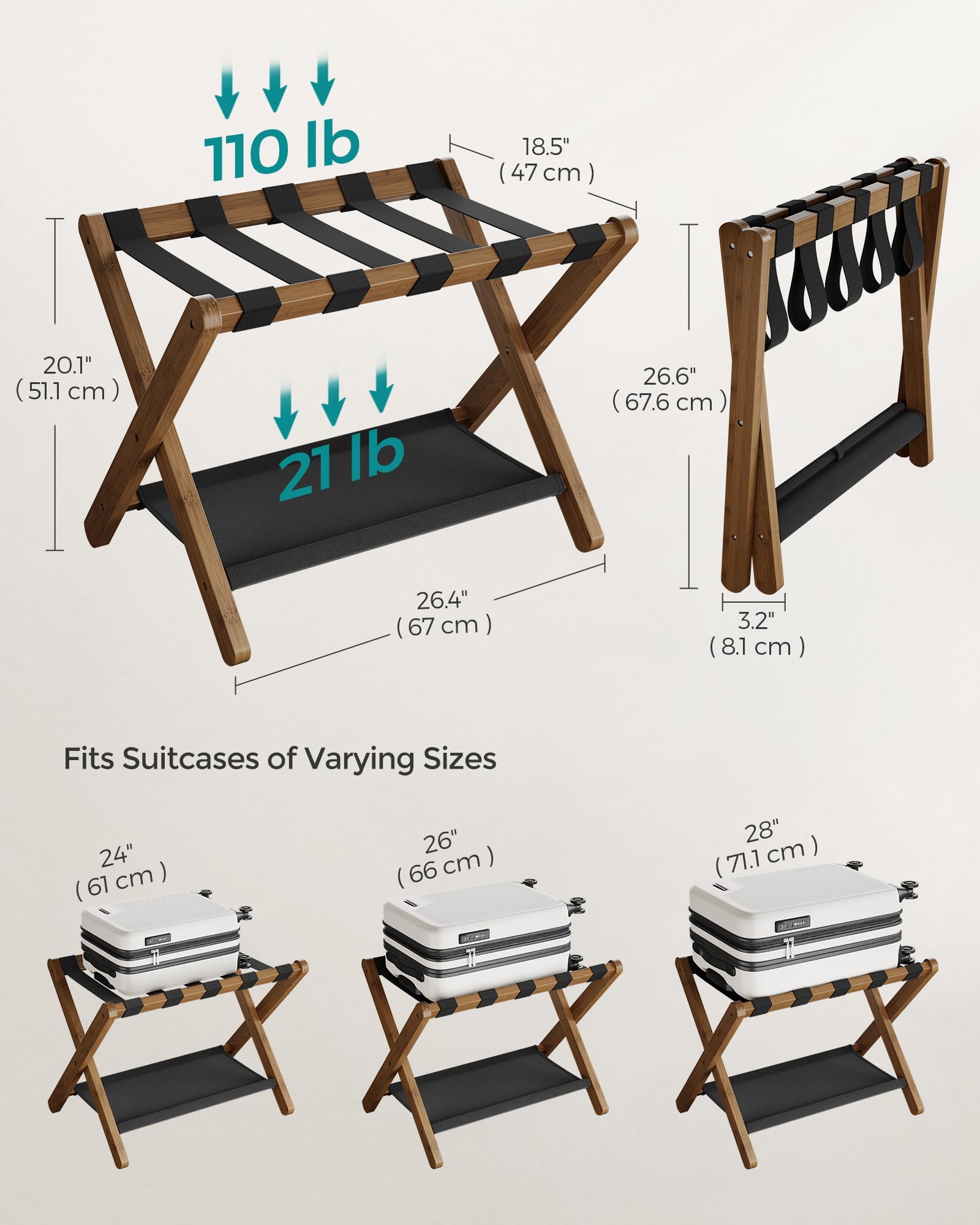 SONGMICS rack next to 28-inch suitcase illustrating width and luggage compatibility