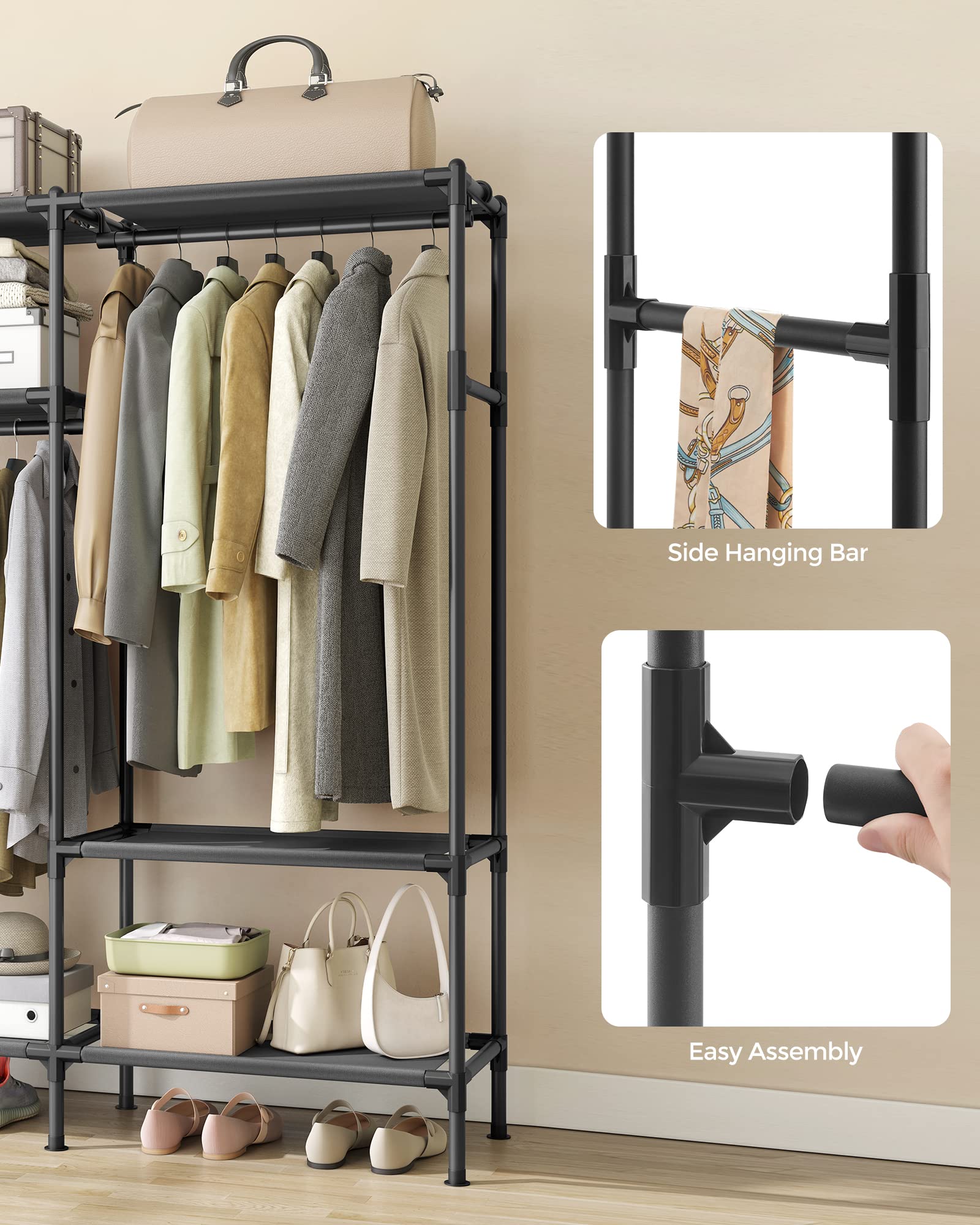 SONGMICS rack next to person showing size and space-saving advantage