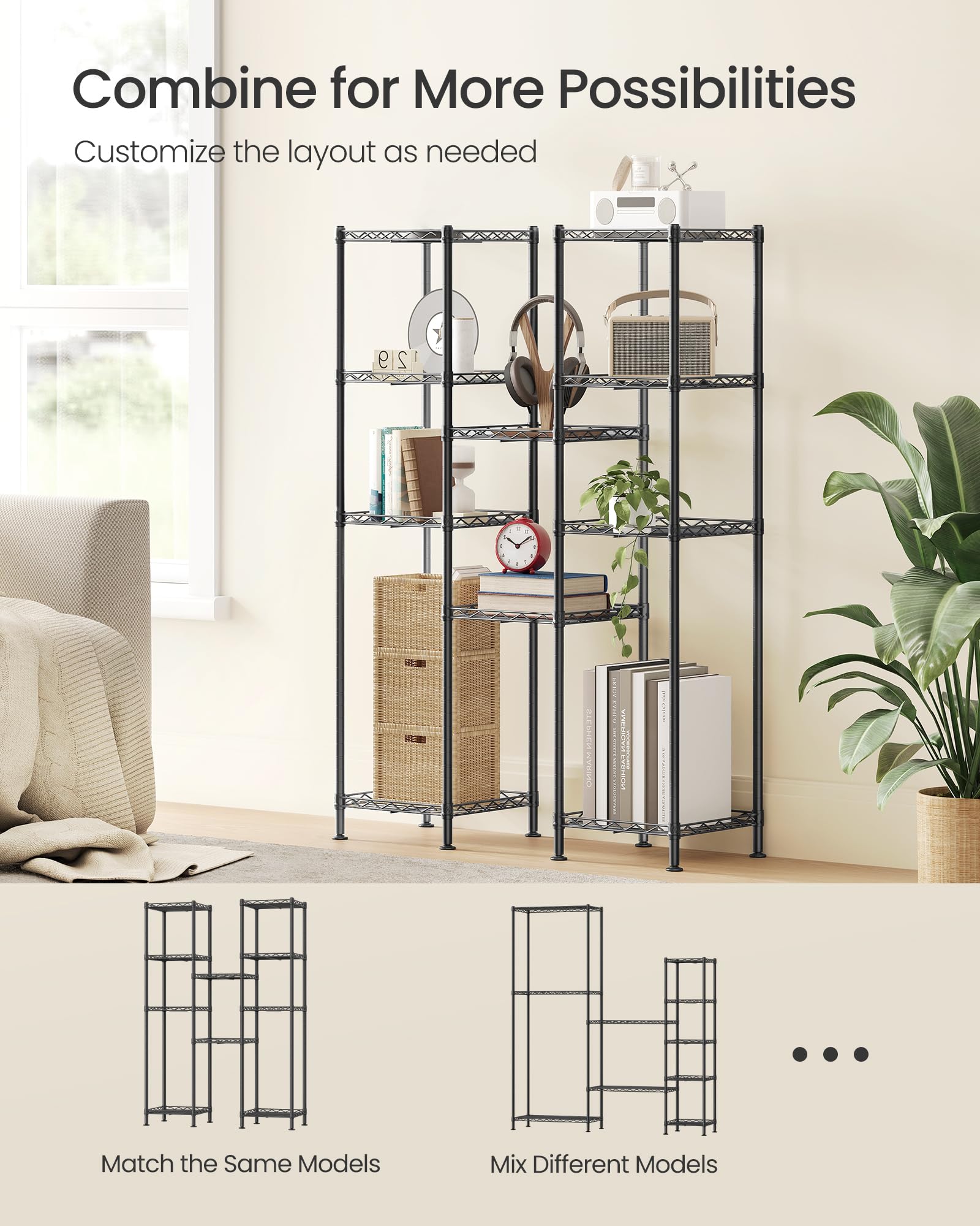 SONGMICS shelf with towels and bottles shows scale and capacity benefit
