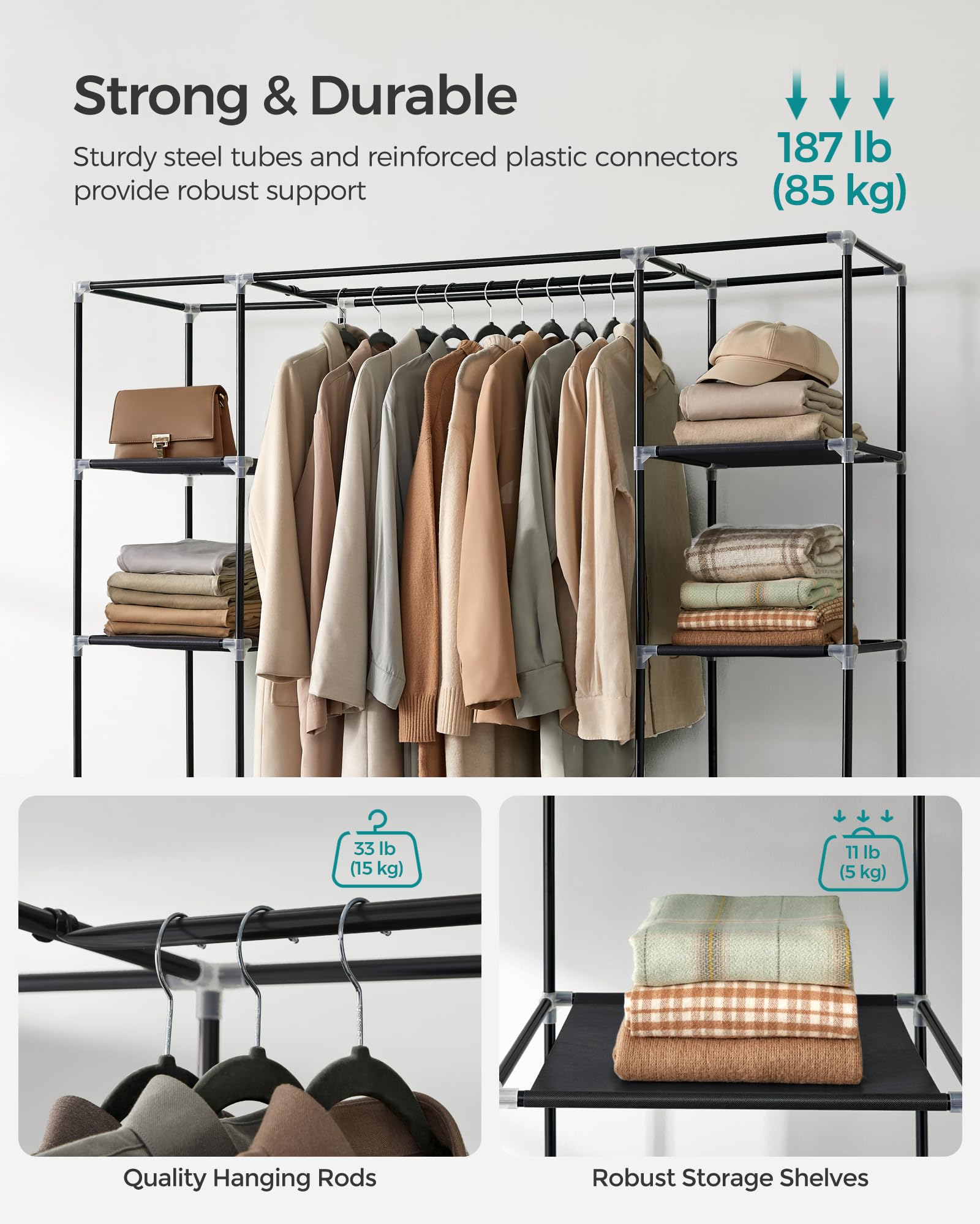 SONGMICS shelves stacked with folded clothes maximizing storage space