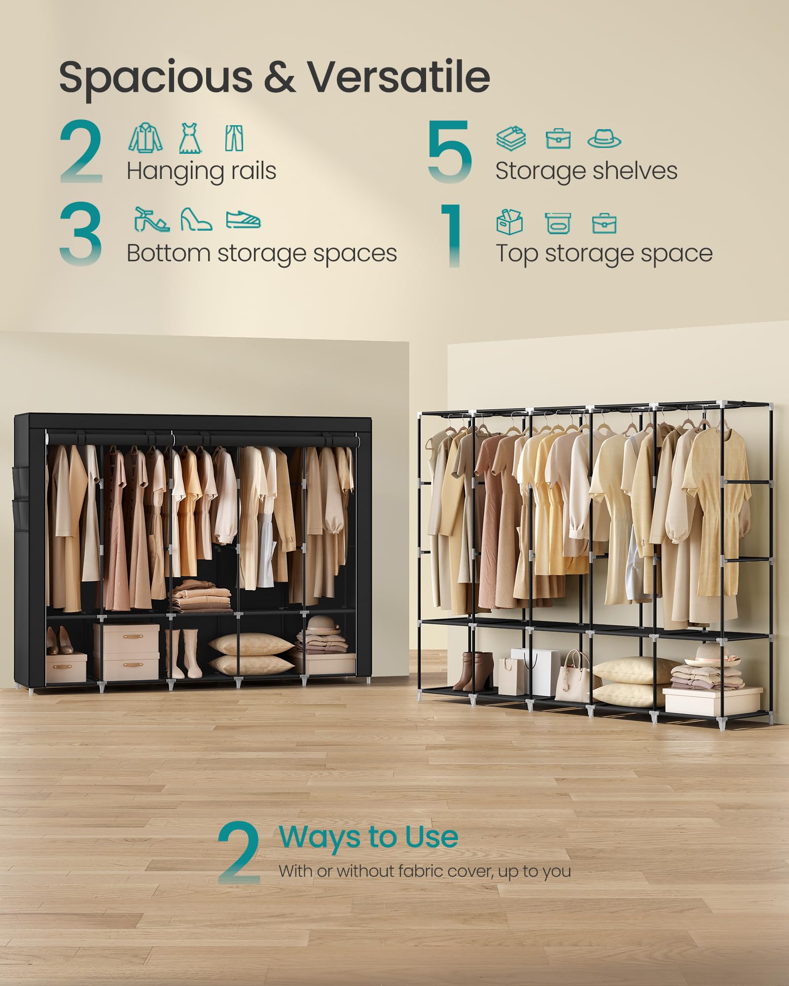 SONGMICS interior shelves holding folded clothes and shoes for organized storage