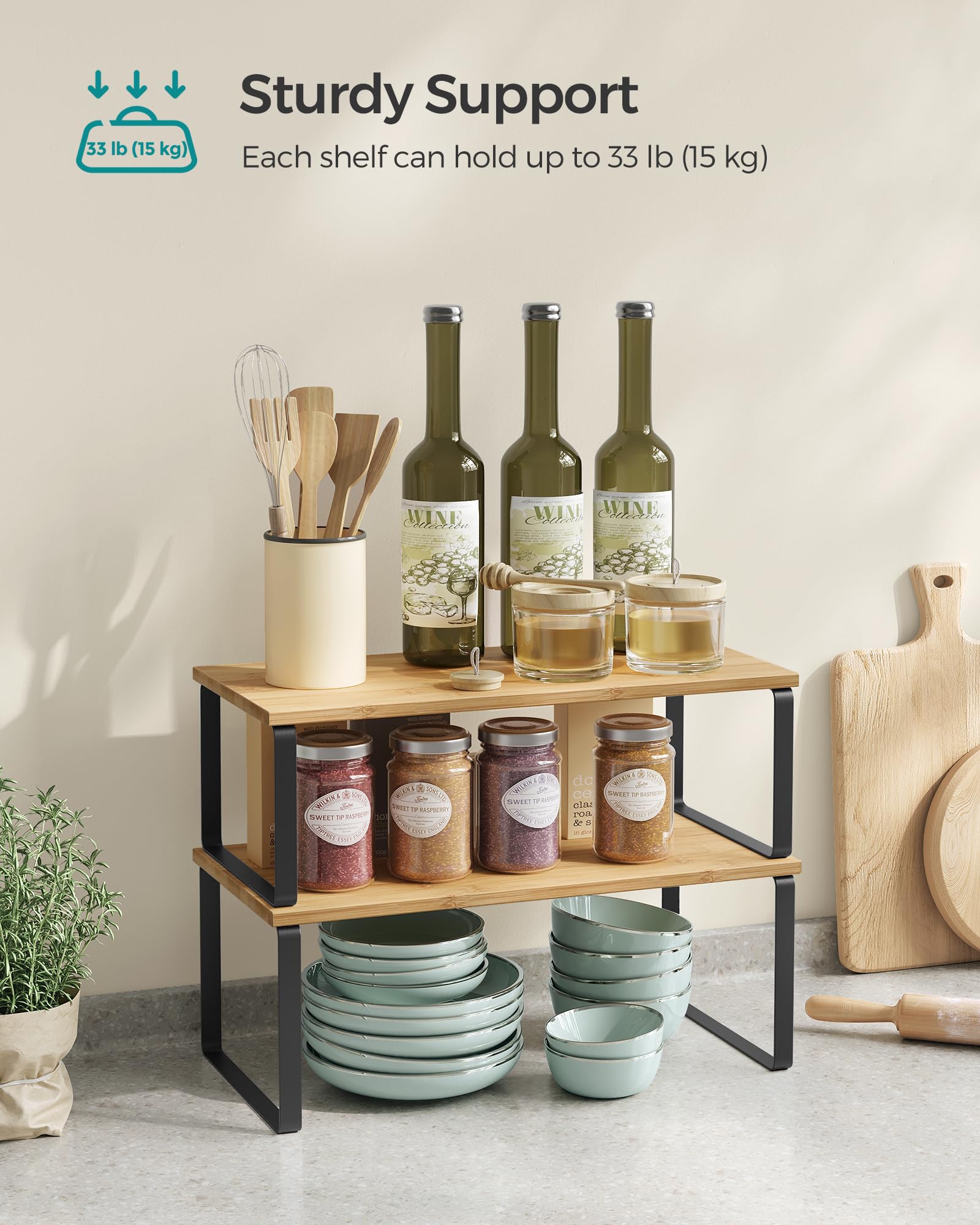SONGMICS stacked shelves inside cabinet increasing vertical storage and visibility