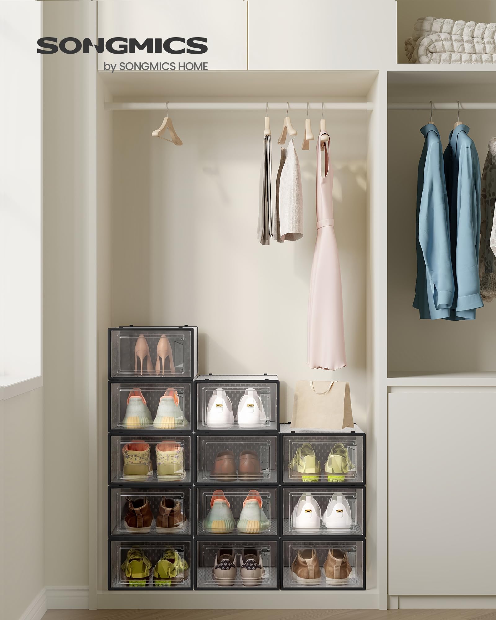 SONGMICS box with front door open for easy shoe access and quick retrieval