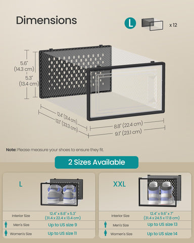 SONGMICS shoe box beside ruler showing interior dimensions and fit guidance