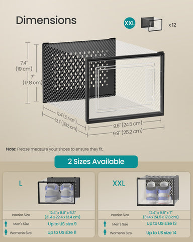 SONGMICS box next to sneaker showing fit for larger sizes and accurate sizing
