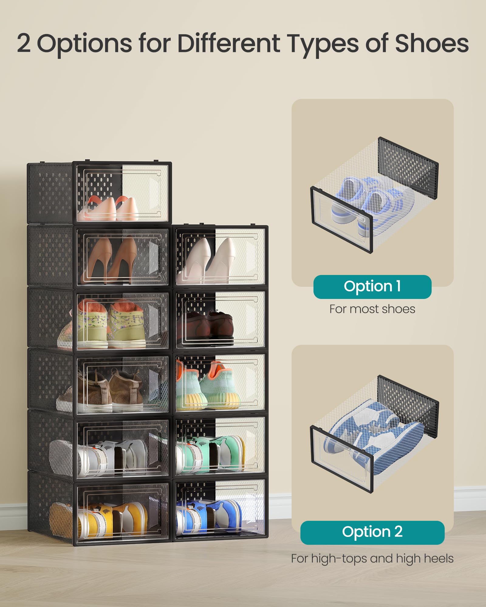 SONGMICS stacked shoe boxes in a closet maximizing vertical storage space