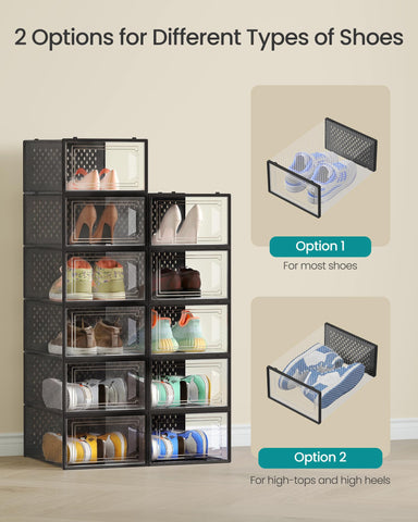 SONGMICS stacked shoe boxes in a closet maximizing vertical storage space