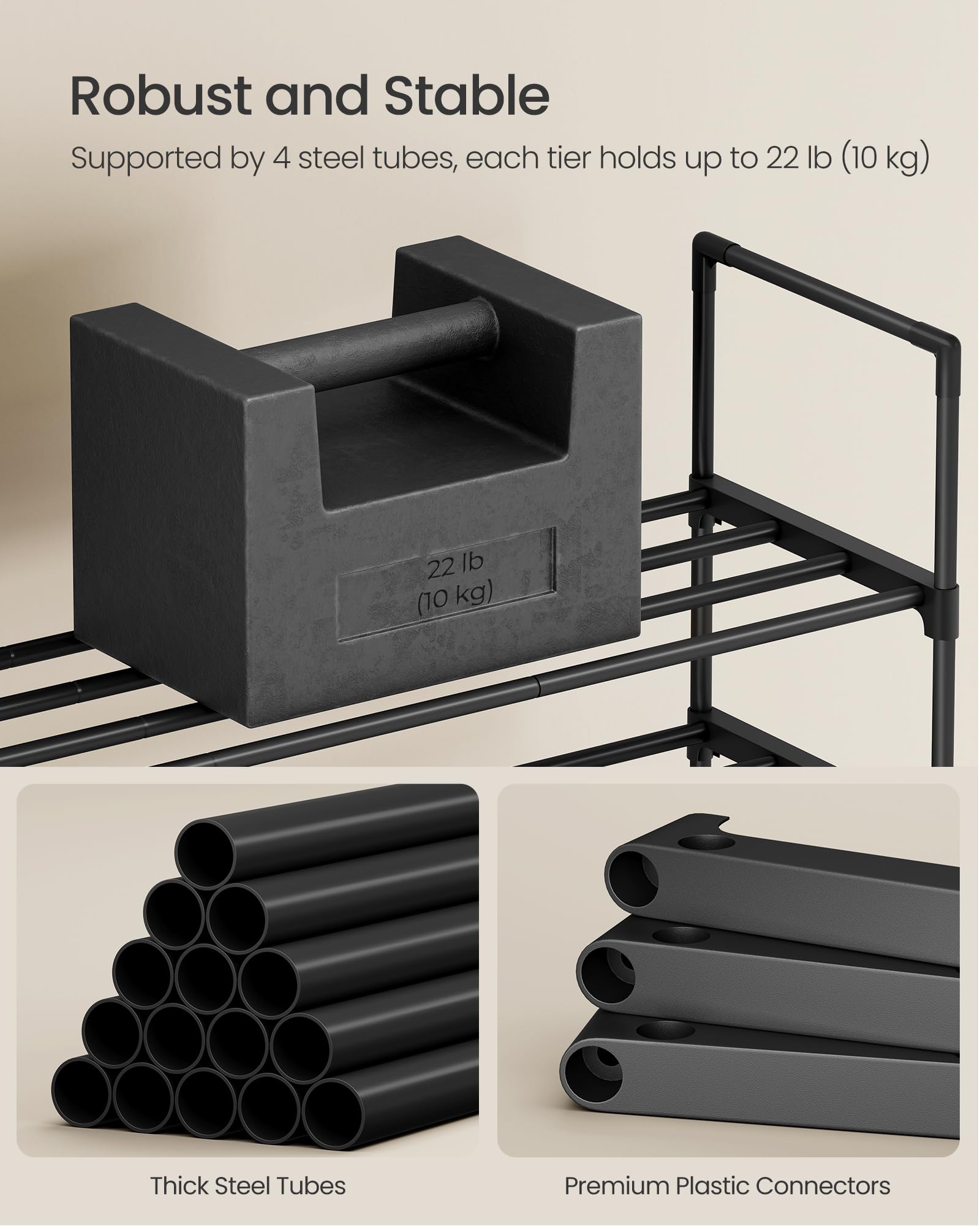 SONGMICS rack next to a person showing scale and real-room fit benefit
