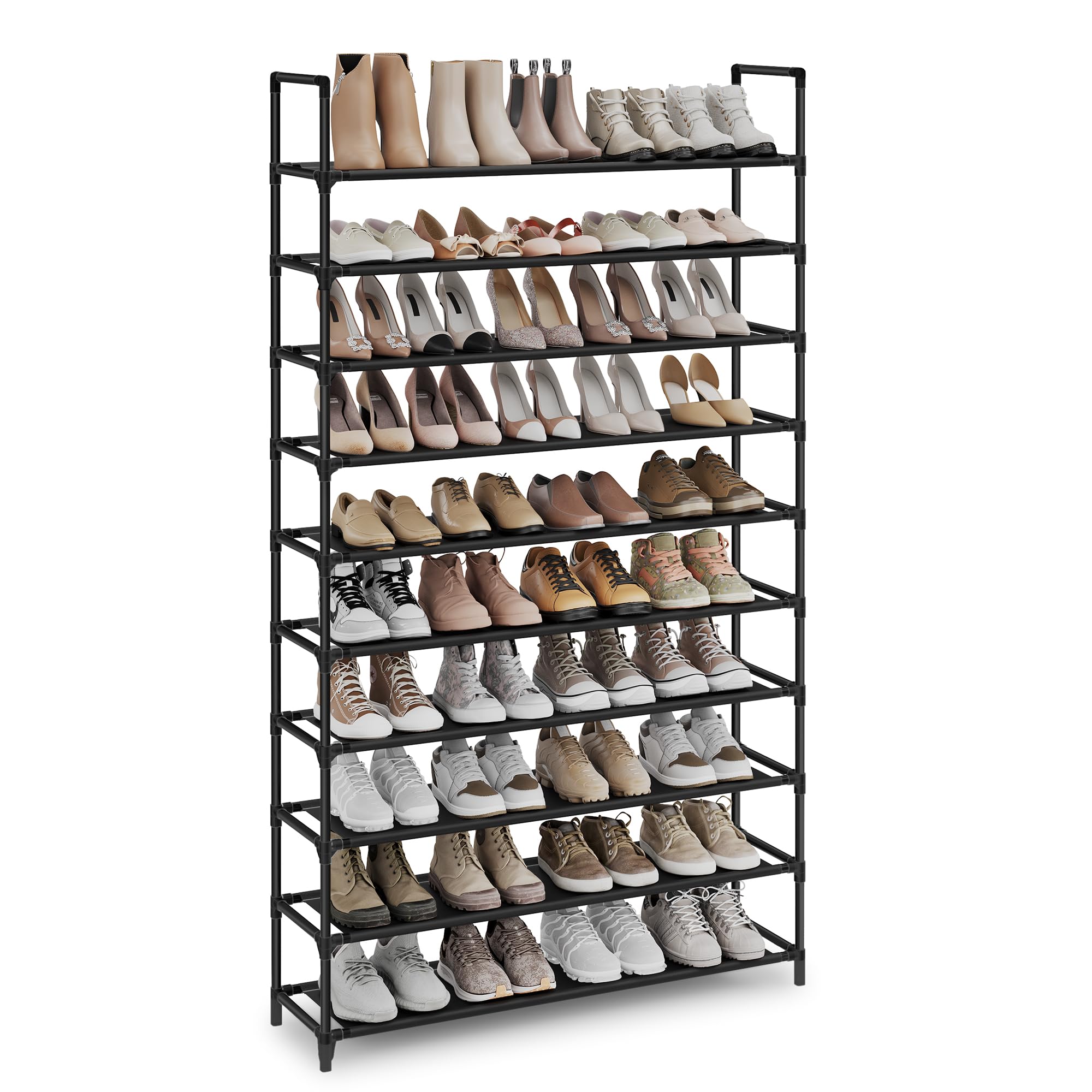 SONGMICS front view of 10-tier shoe rack showing organized shoes and saved space