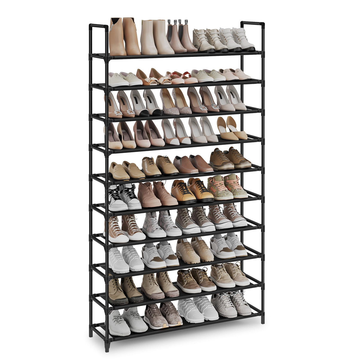 SONGMICS front view of 10-tier shoe rack showing organized shoes and saved space