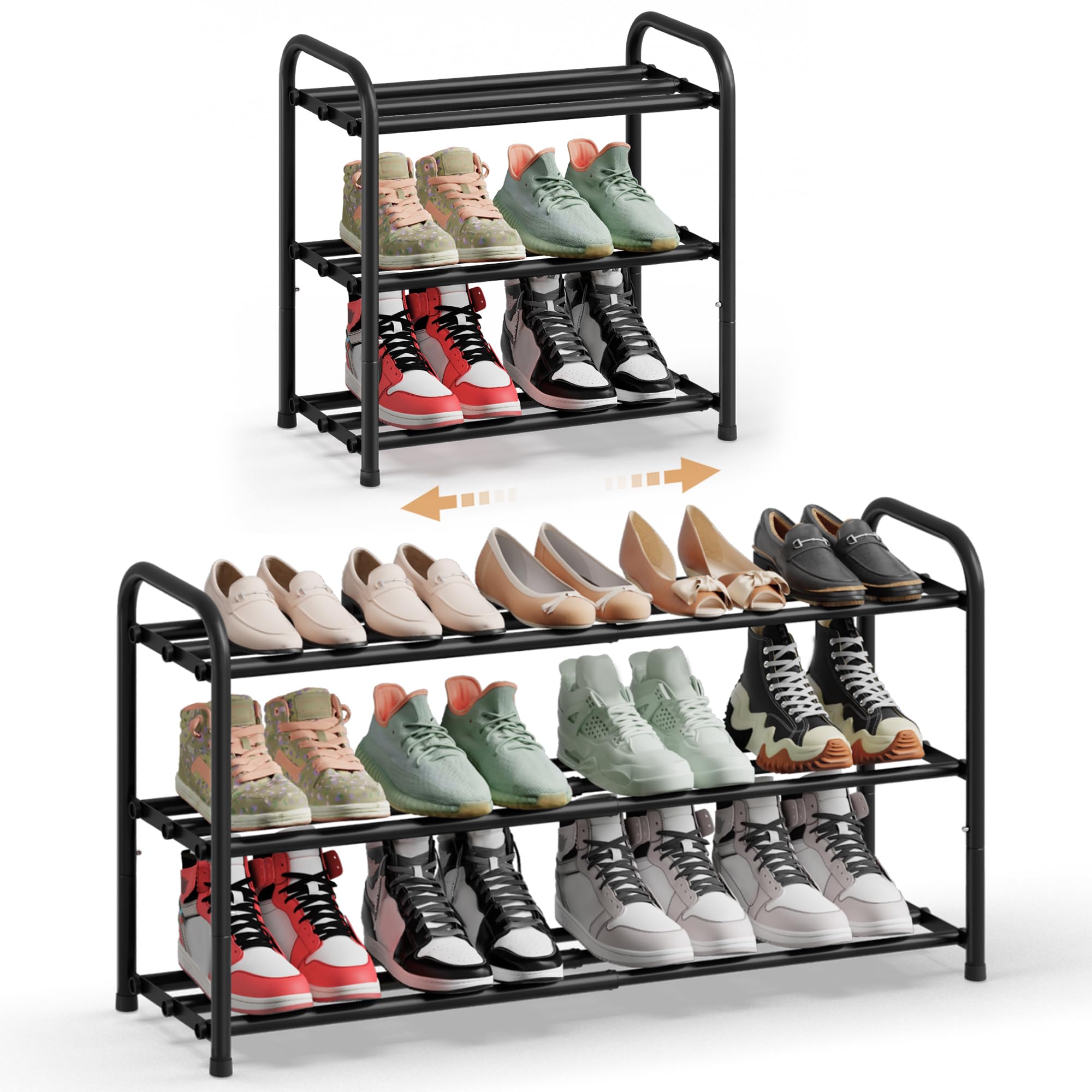 SONGMICS front view of 3-tier shoe rack showing organized pairs and neat entryway