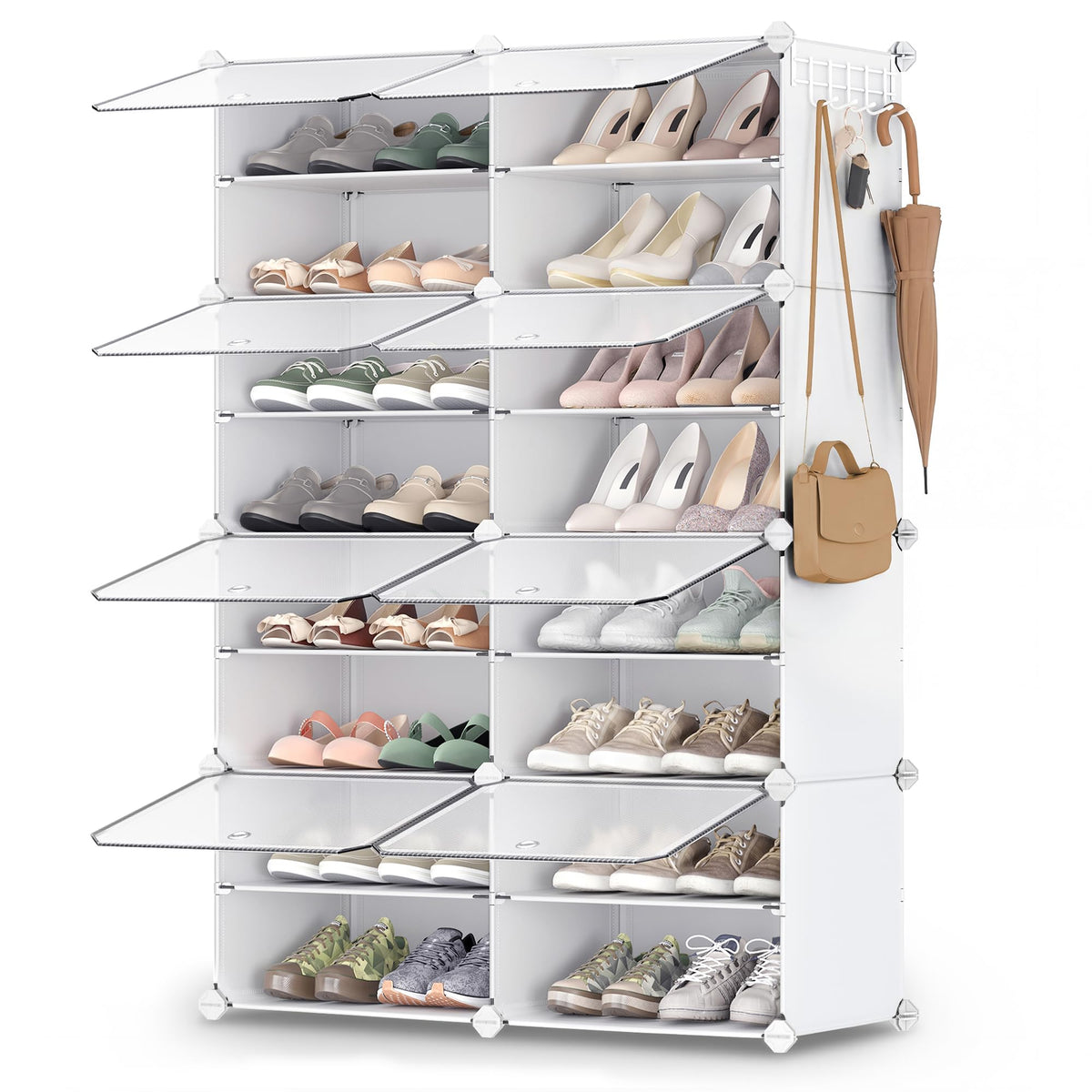 SONGMICS shoe rack front view showing tidy 32-pair storage and clear doors