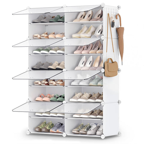 SONGMICS shoe rack front view showing tidy 32-pair storage and clear doors
