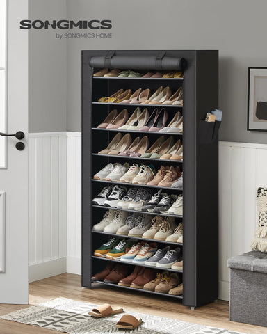 SONGMICS open zip cover revealing dust-protected shoe storage benefit