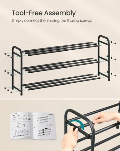 SONGMICS shoe rack beside a chair for scale showing slim footprint benefit