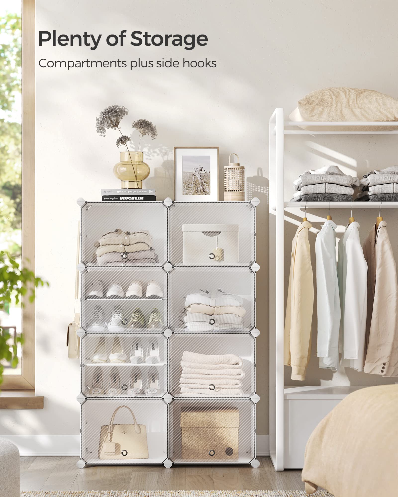 SONGMICS shelf detail showing steel wire support and sturdy plastic panel