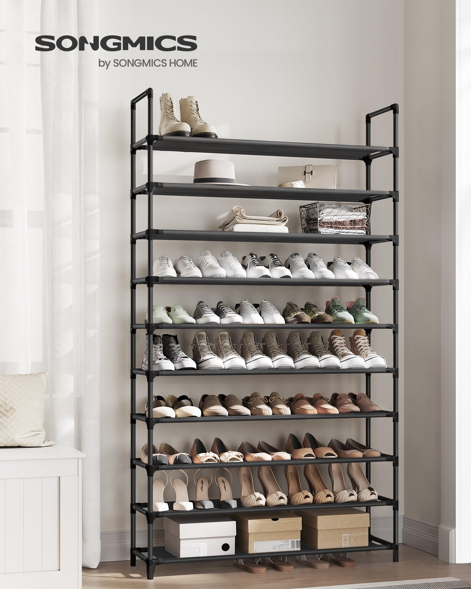 SONGMICS side profile of slim shoe shelf highlighting compact vertical footprint