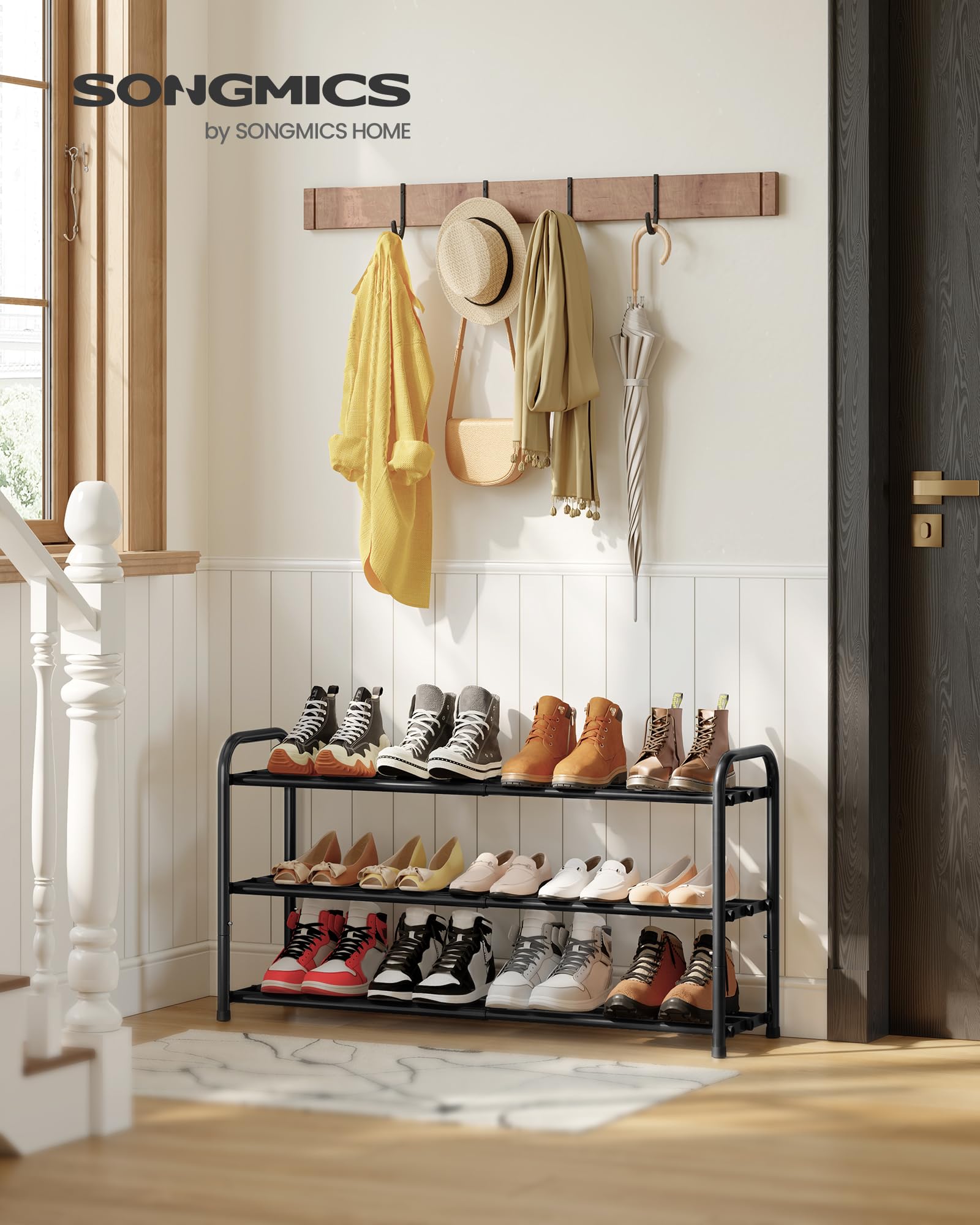 SONGMICS shoe rack extended width demonstrating adjustable capacity and fit