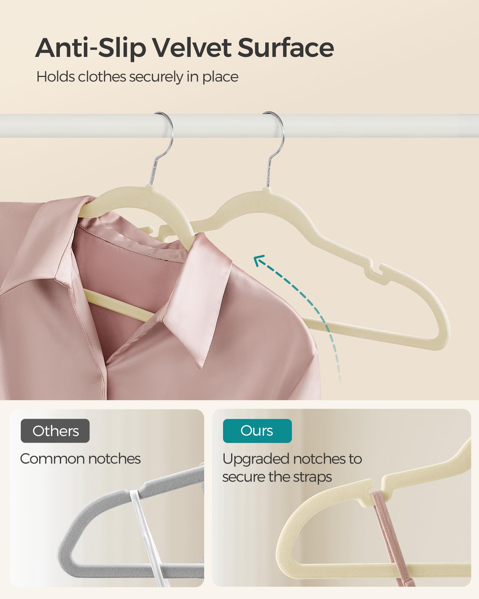SONGMICS hanger shoulder notches detail securing thin straps and preventing slips