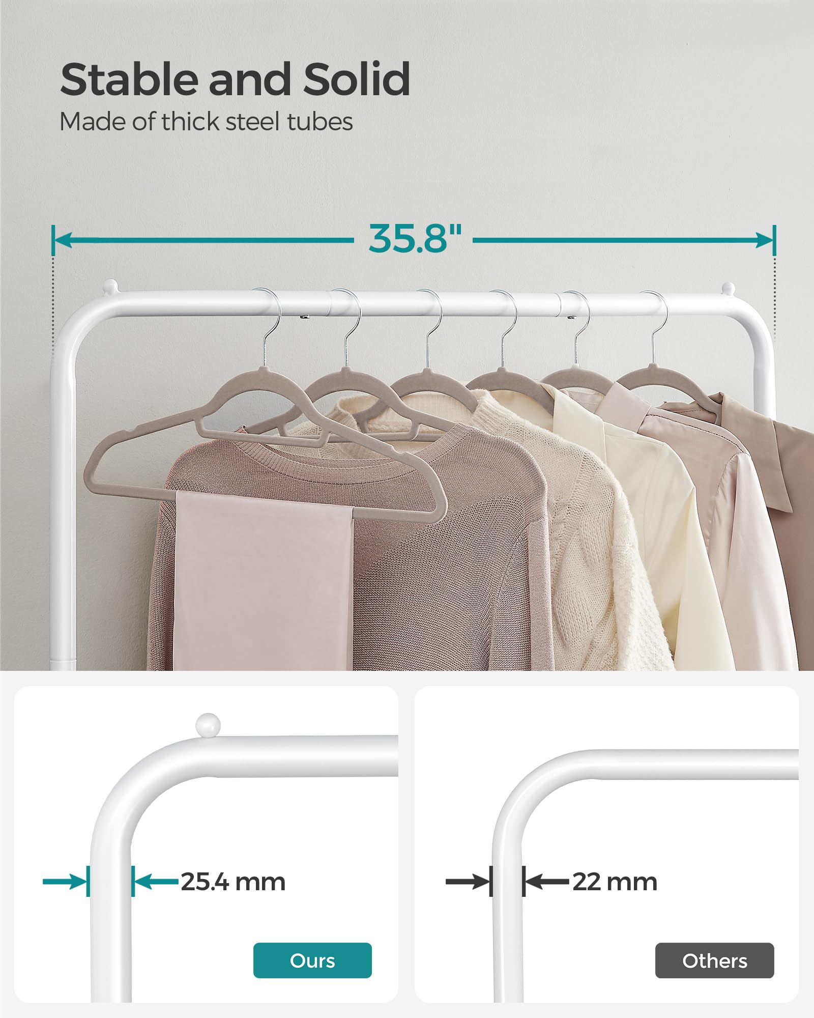 SONGMICS side profile with clothes illustrating sturdy steel tubes and balanced support
